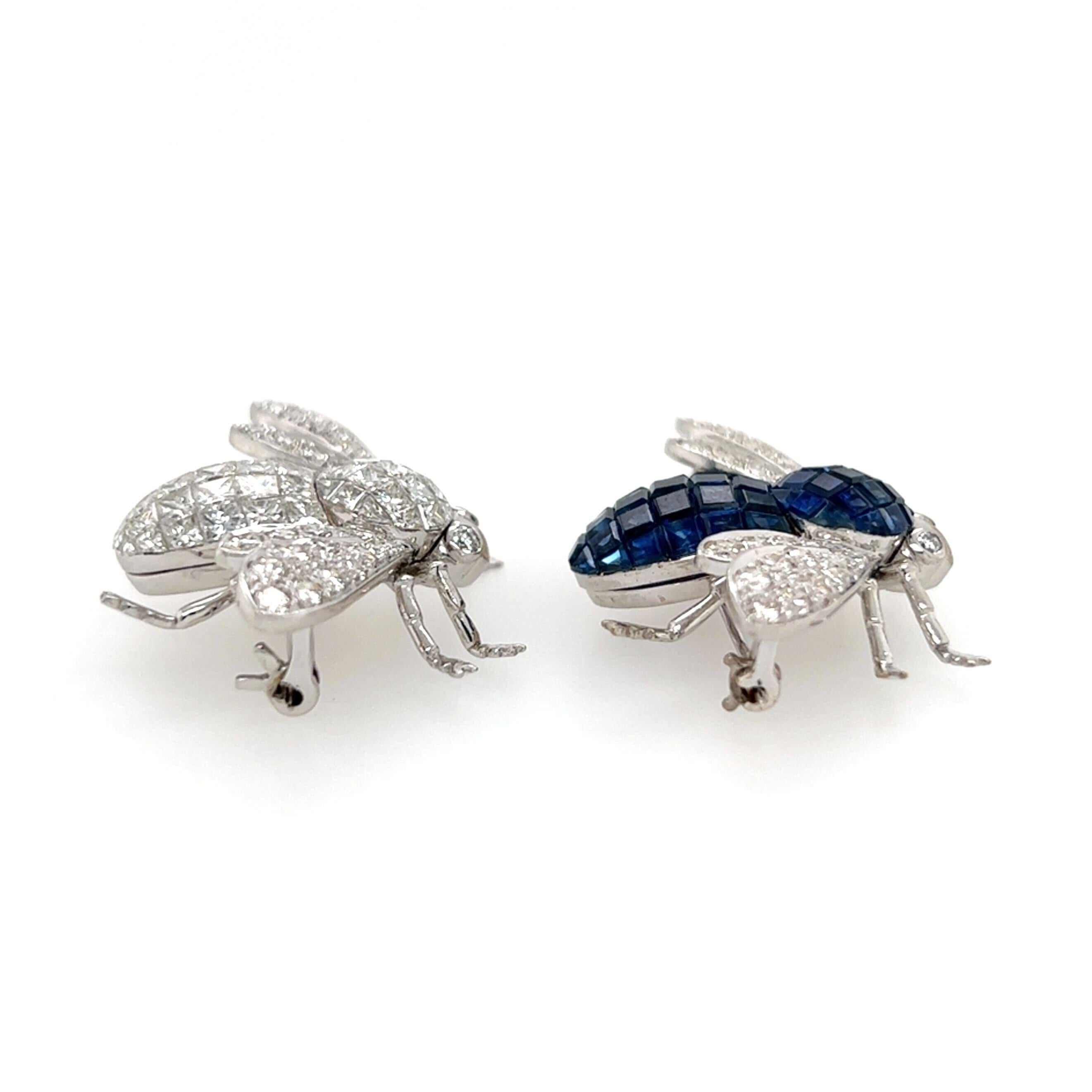 Brilliant Cut Pair of White Gold, Sapphire and Diamond Bee Brooches