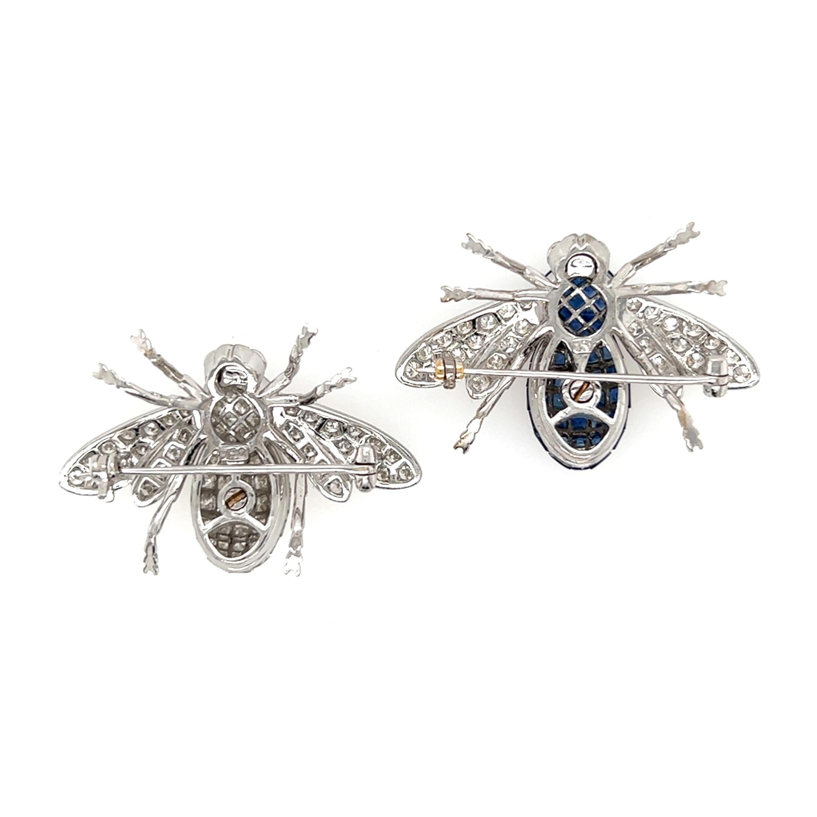 Pair of White Gold, Sapphire and Diamond Bee Brooches In Excellent Condition In New York, NY