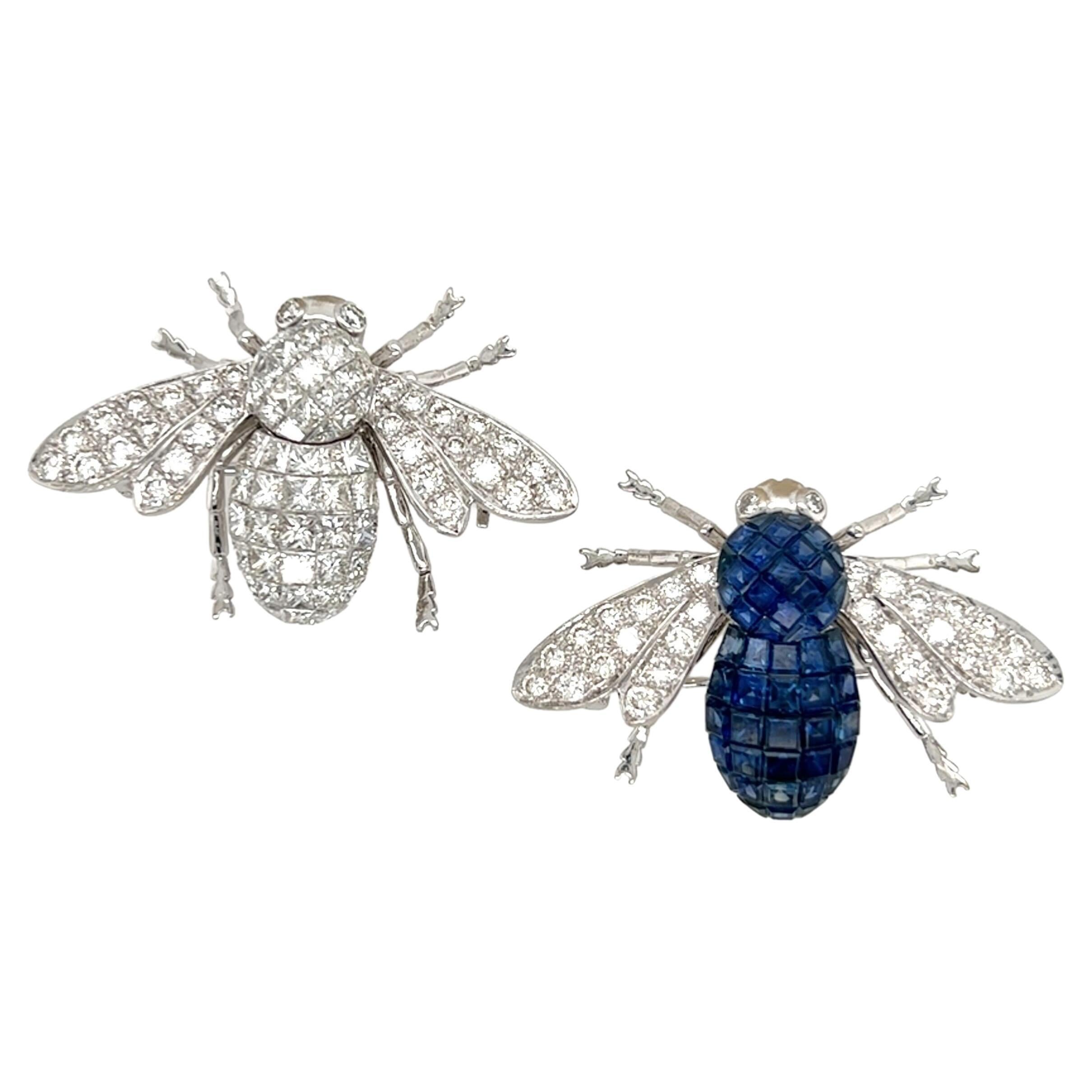 Pair of White Gold, Sapphire and Diamond Bee Brooches