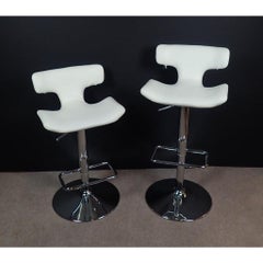 Pair of White Leather and Chrome Modern Adjustable Swivel Bar Stools