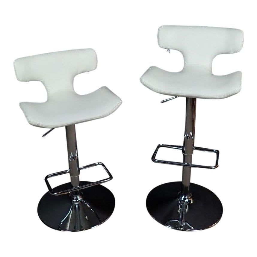 Pair of White Leather and Chrome Modern Adjustable Swivel Bar Stools
