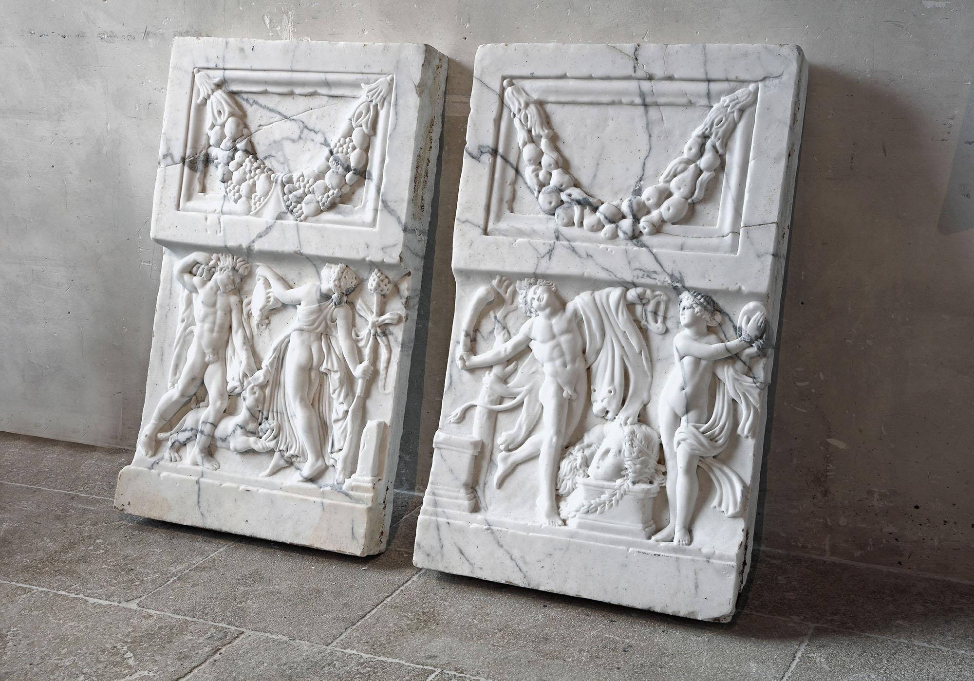 Italian A pair of white marble relief frieze panels, circa 1920 For Sale