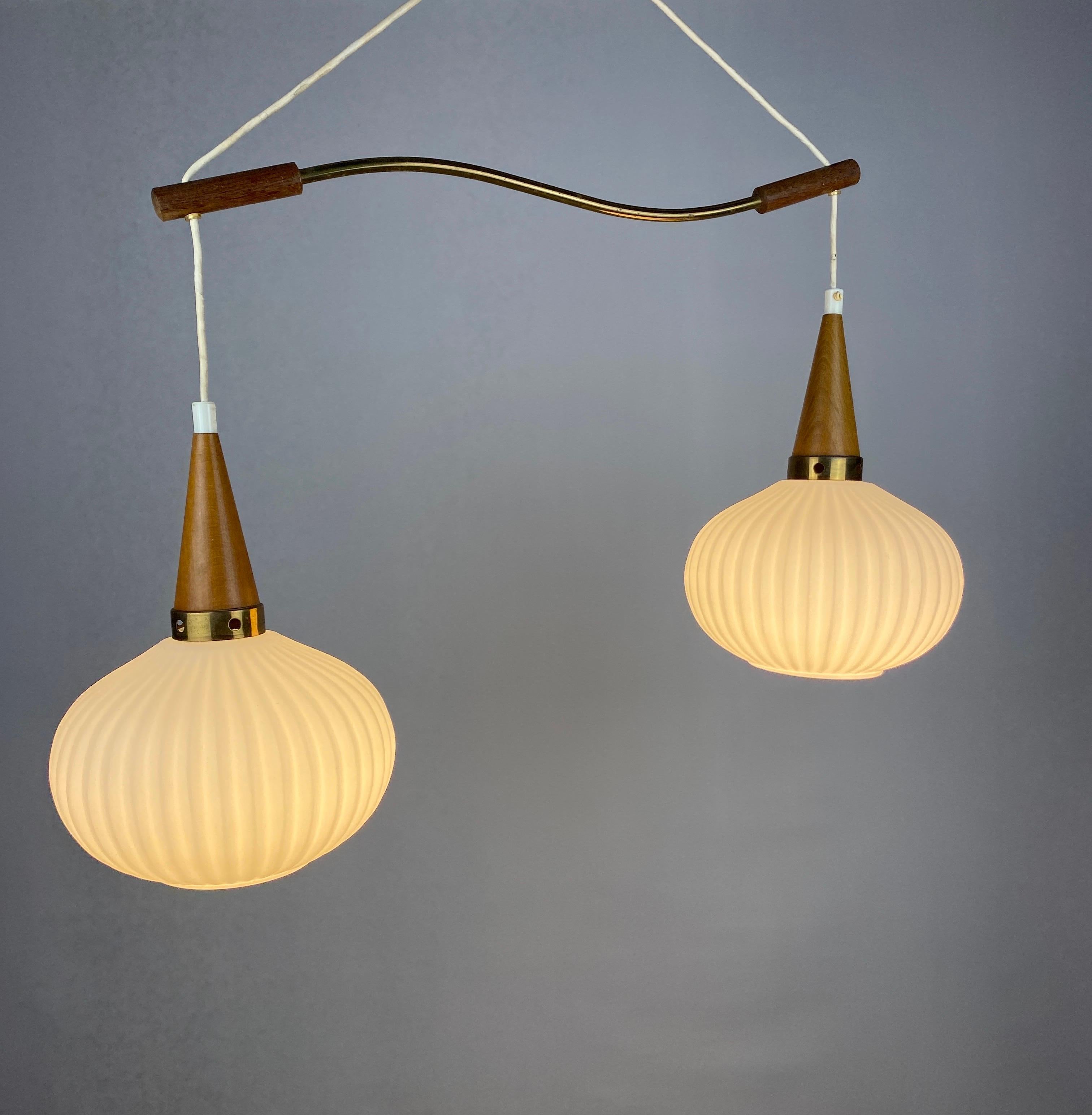 Pair of White Opal Frosted Glass Pendants Light with Wooden Details by Massive For Sale 4