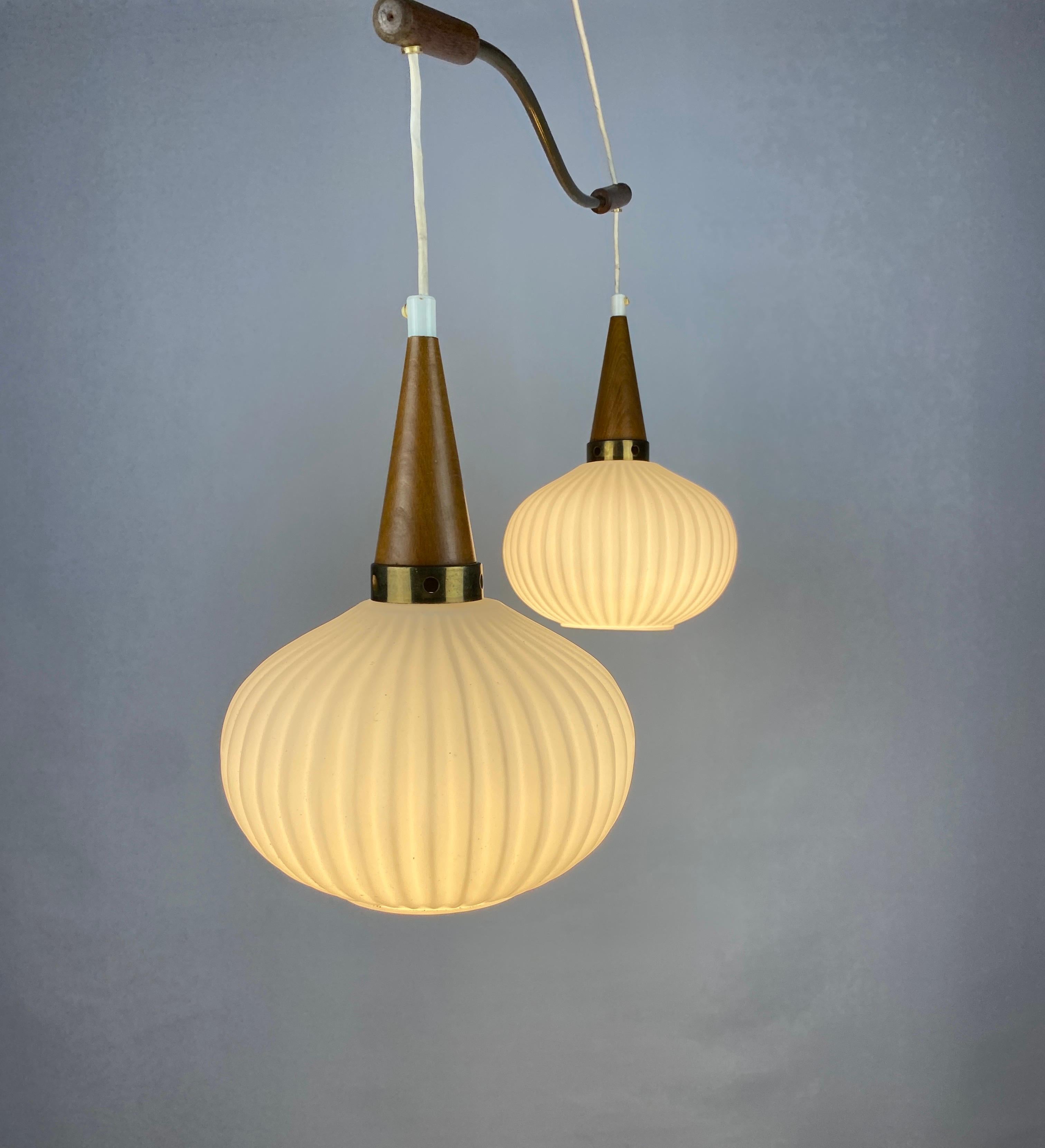 Pair of White Opal Frosted Glass Pendants Light with Wooden Details by Massive For Sale 5