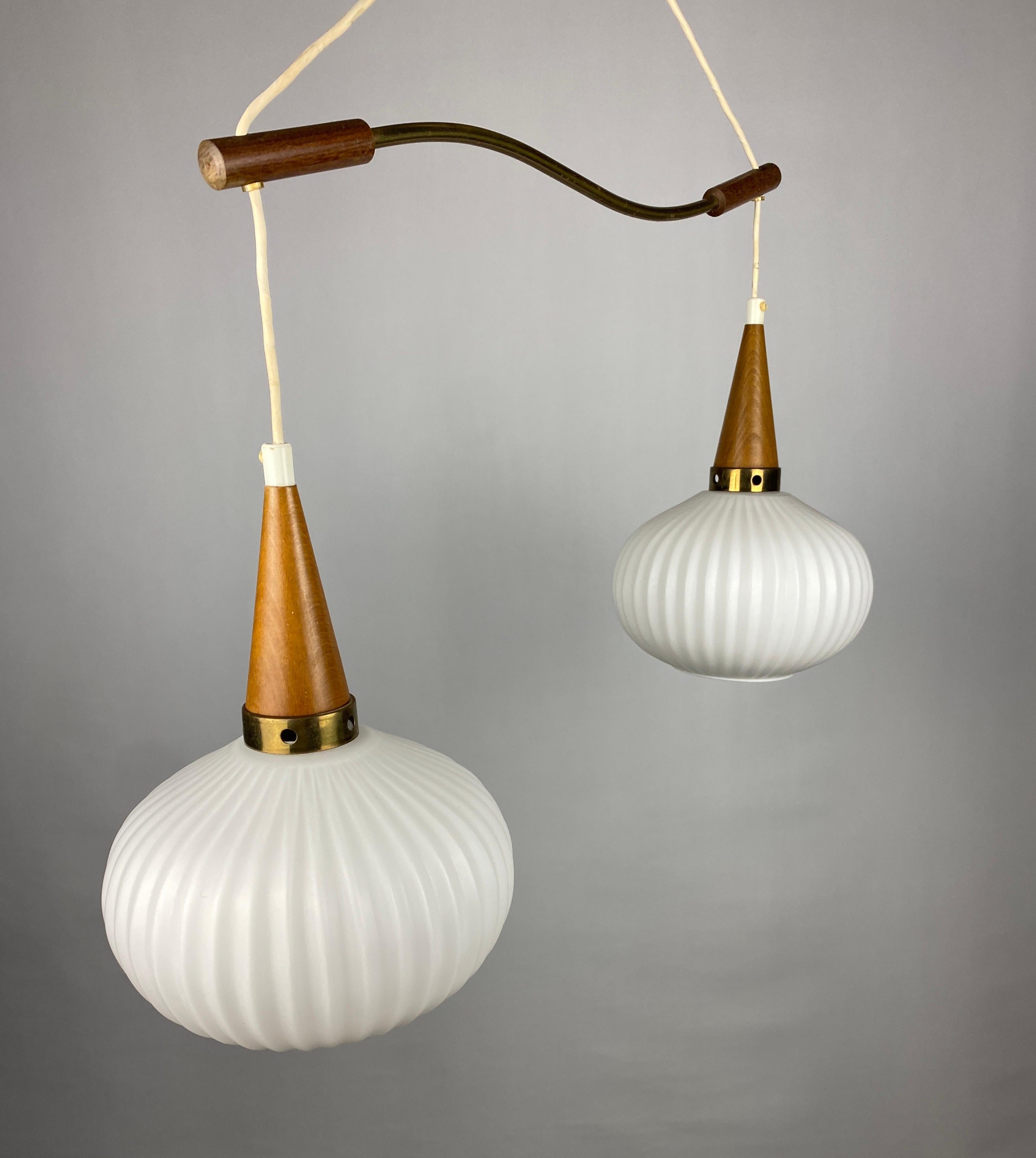Mid-Century Modern Pair of White Opal Frosted Glass Pendants Light with Wooden Details by Massive For Sale