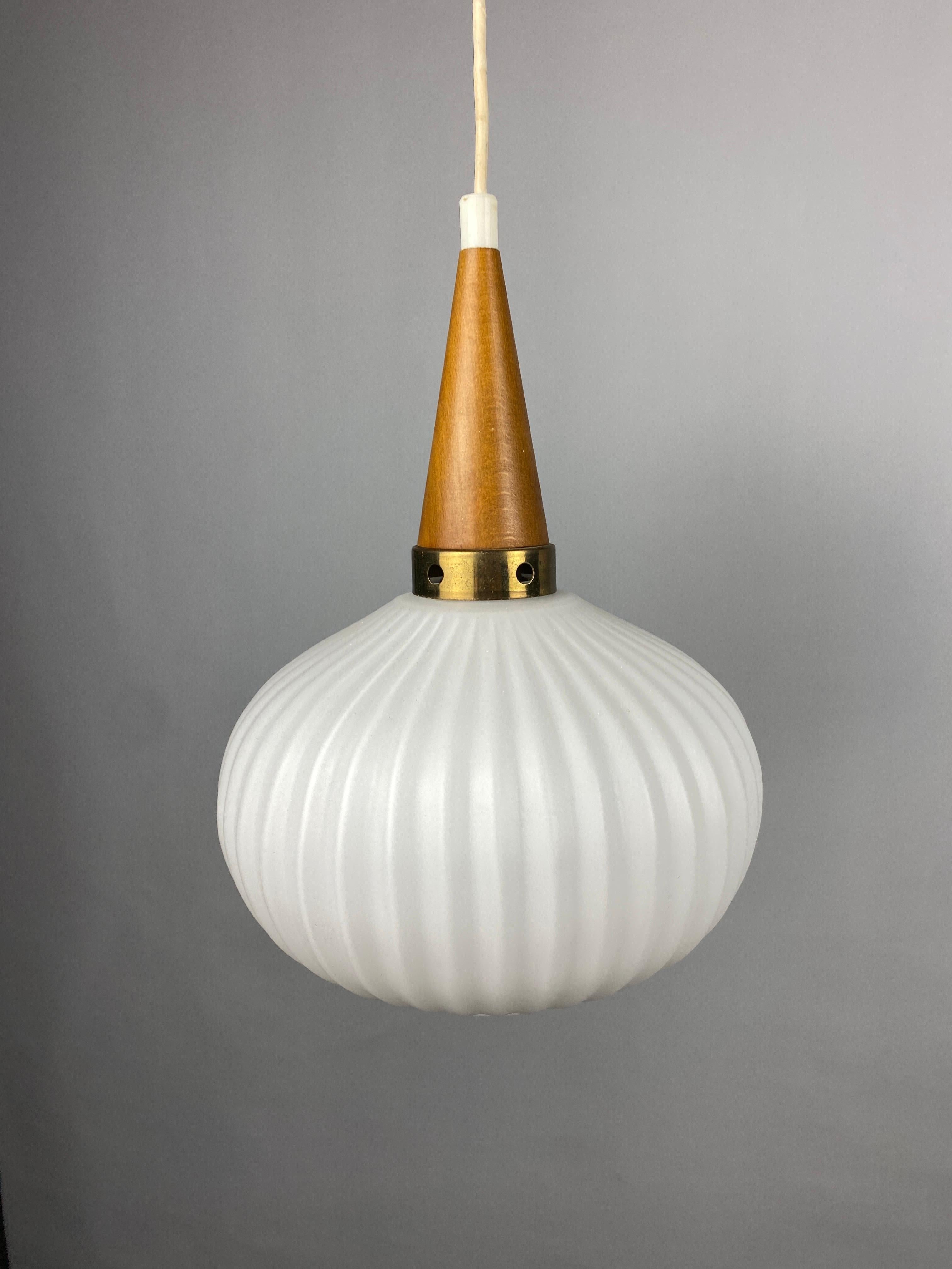 Belgian Pair of White Opal Frosted Glass Pendants Light with Wooden Details by Massive For Sale