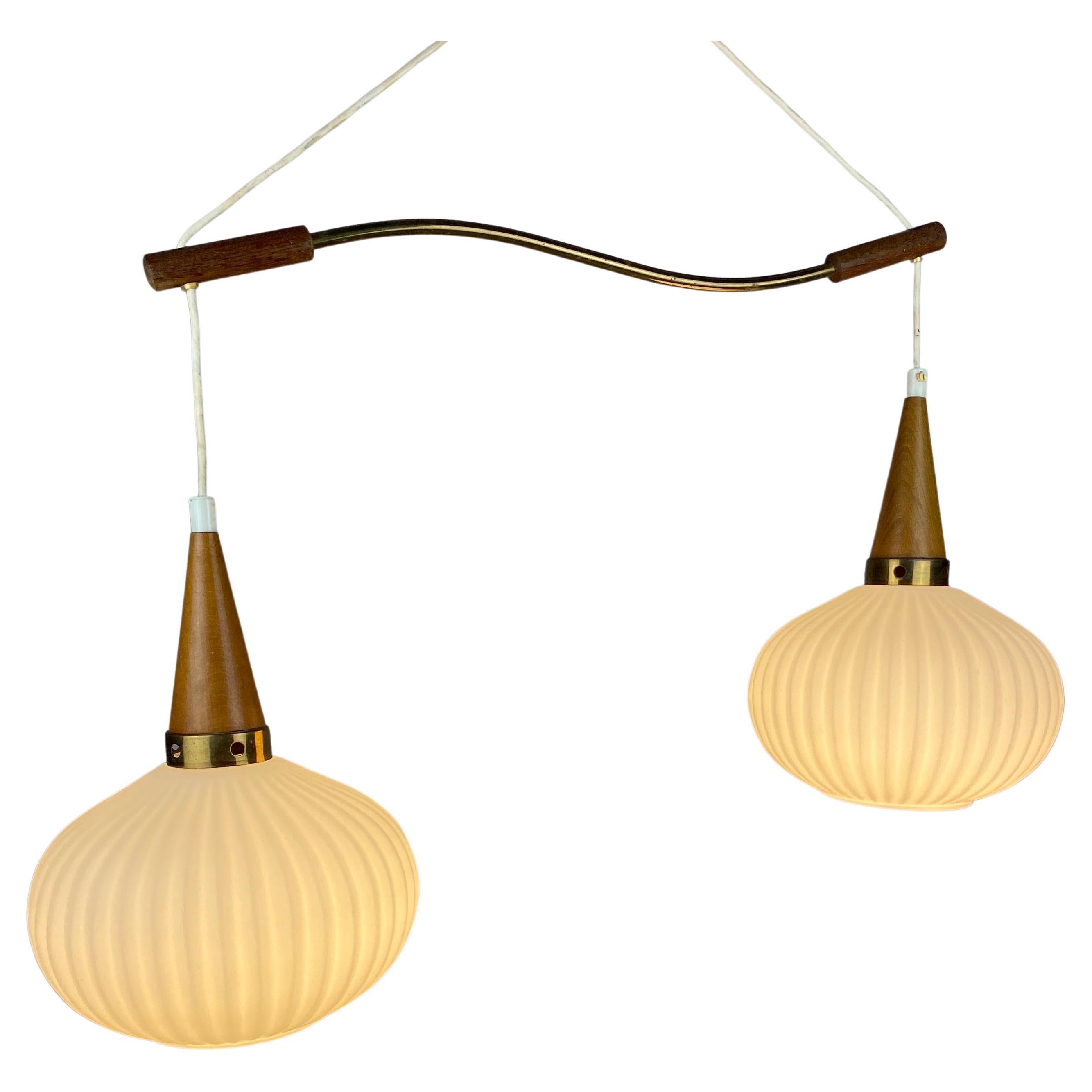 Pair of White Opal Frosted Glass Pendants Light with Wooden Details by Massive