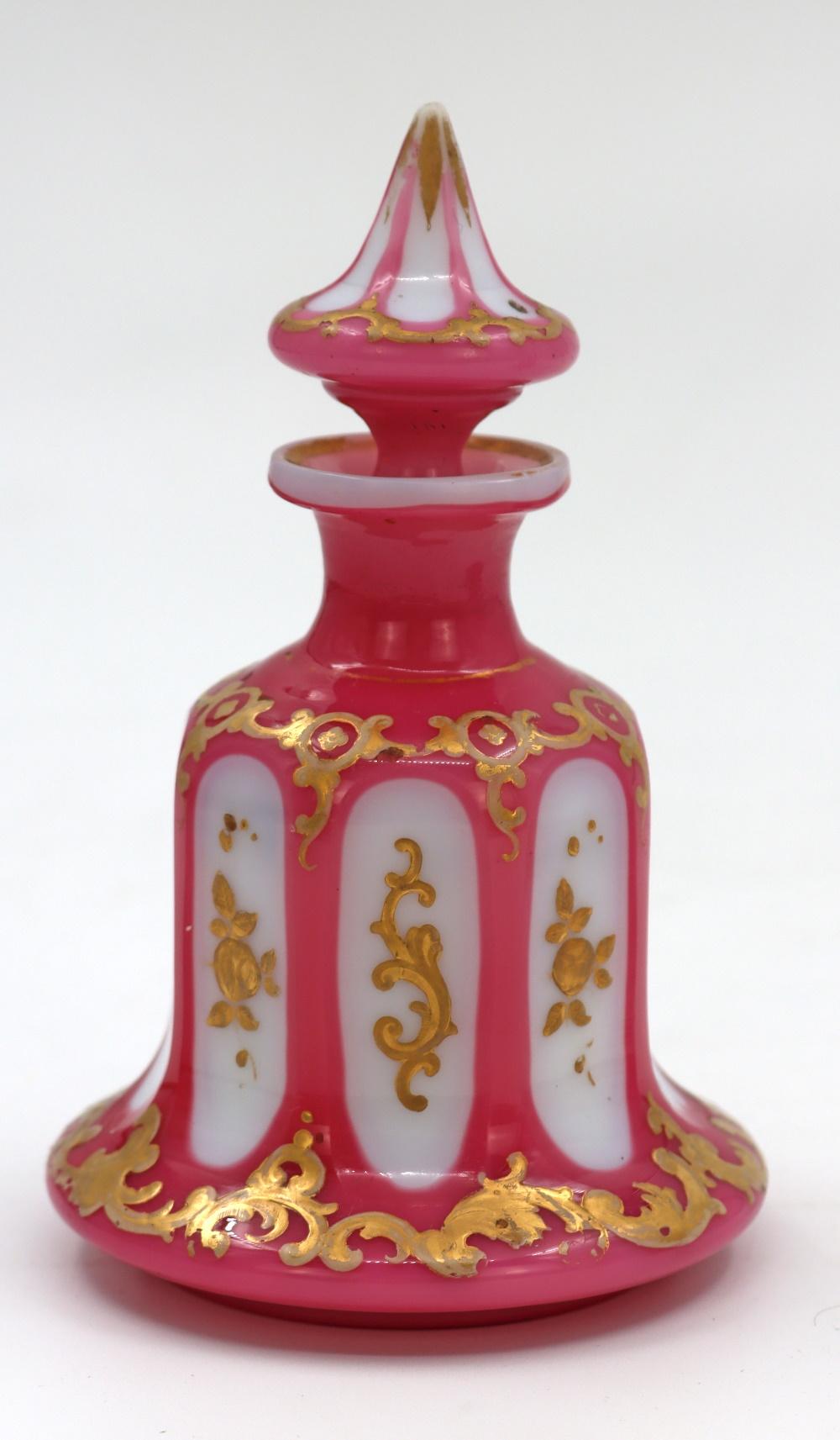 European Pair of White Opaline and Pink Overlay Perfume Bottles