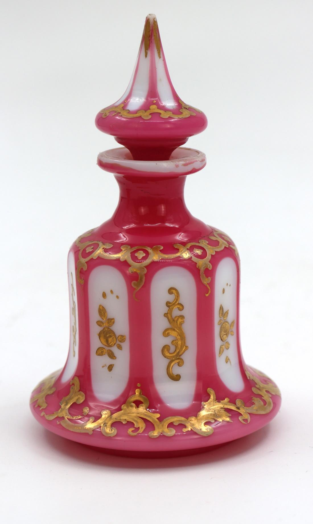 Mid-19th Century Pair of White Opaline and Pink Overlay Perfume Bottles