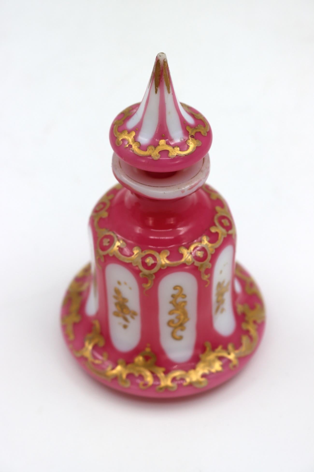 Opaline Glass Pair of White Opaline and Pink Overlay Perfume Bottles