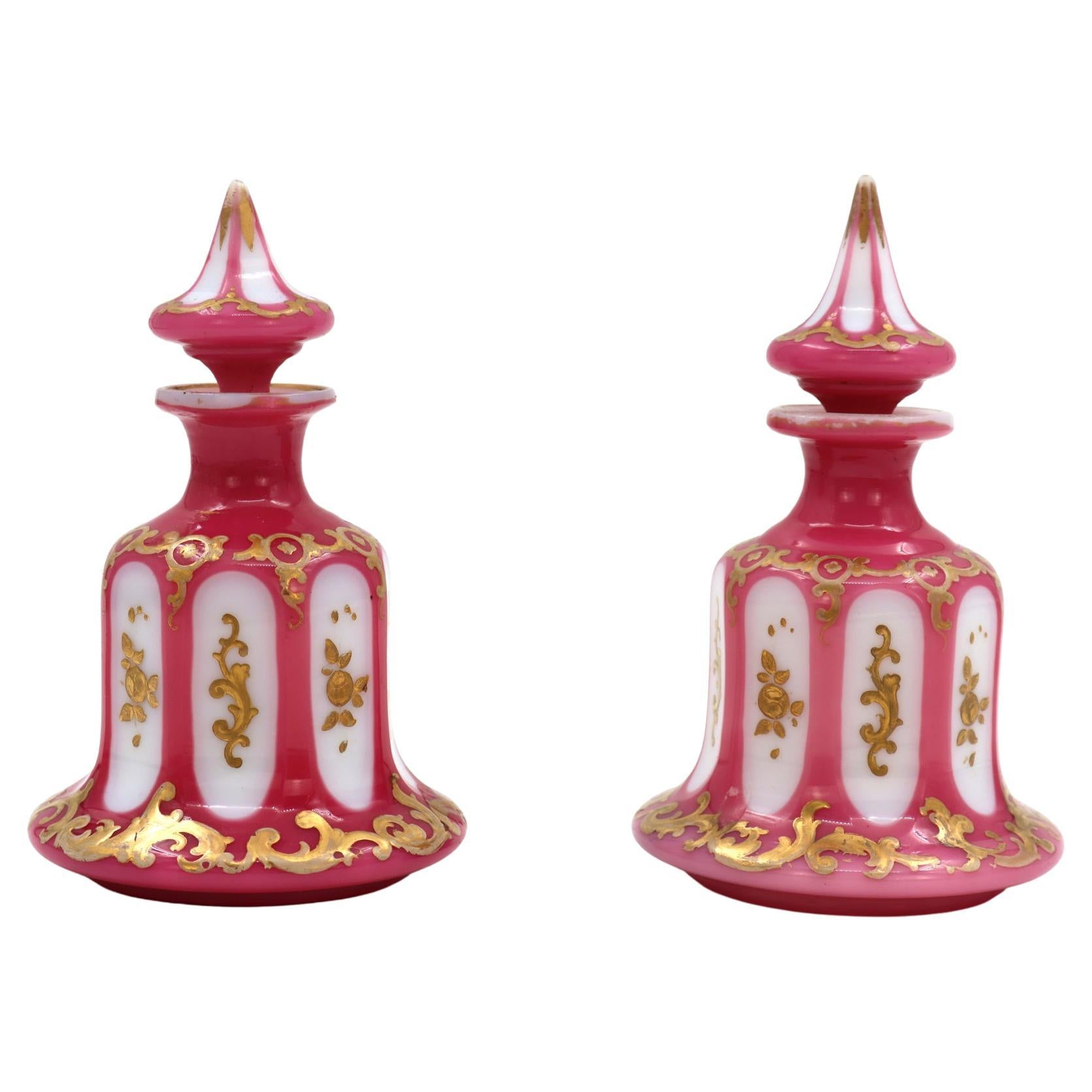Pair of White Opaline and Pink Overlay Perfume Bottles