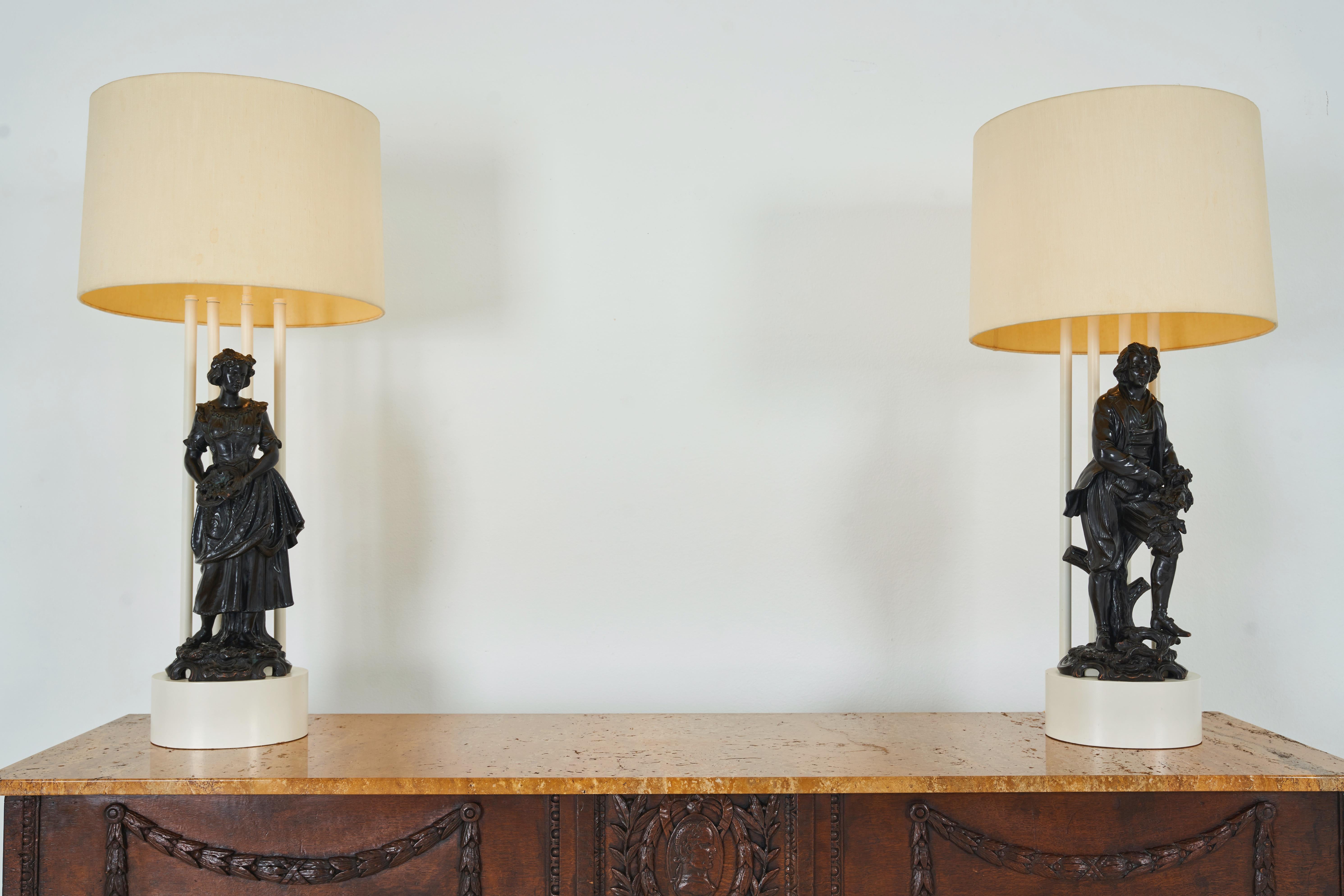 American A Pair of White Painted Armature Lamps with Terracotta Figures by William Haines