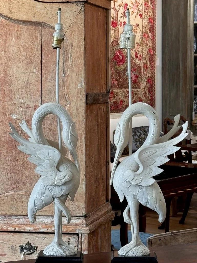 Unknown A Pair of White-Painted Carved Egret Lamps Mid-Century