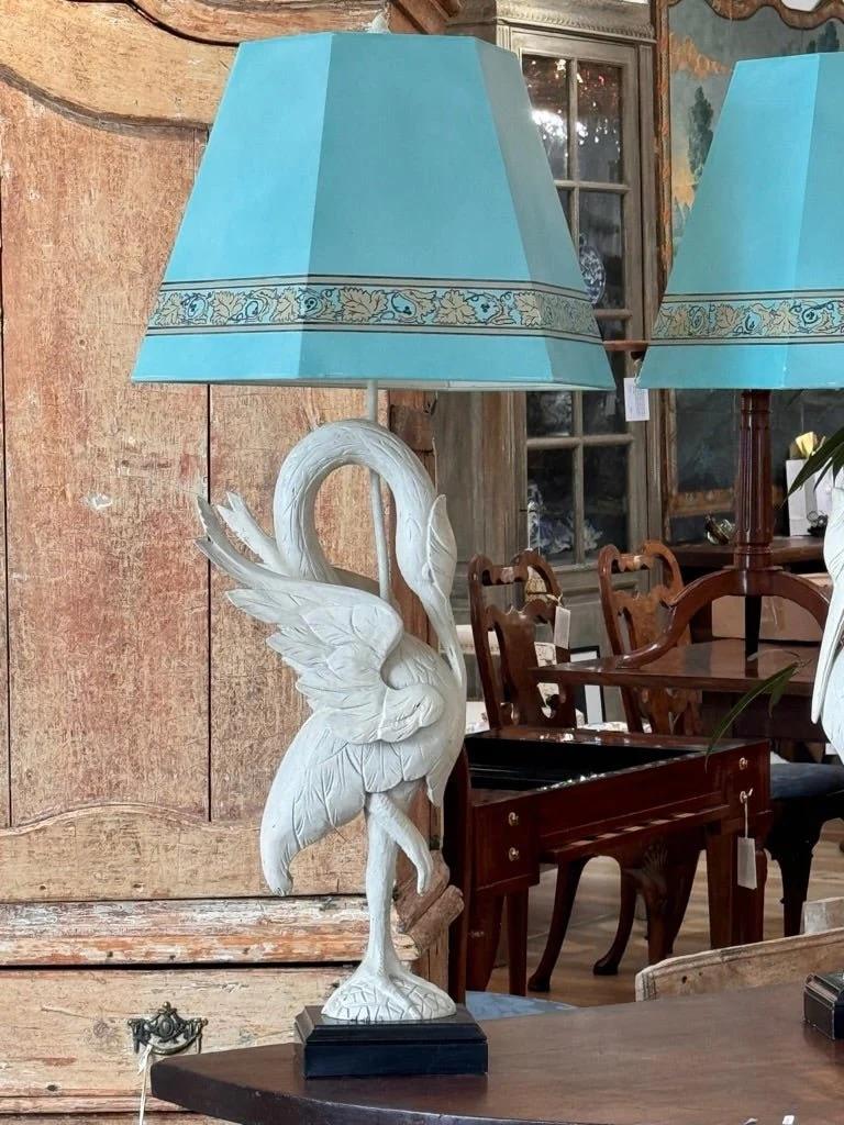 A Pair of White-Painted Carved Egret Lamps Mid-Century In Good Condition In Charlottesville, VA