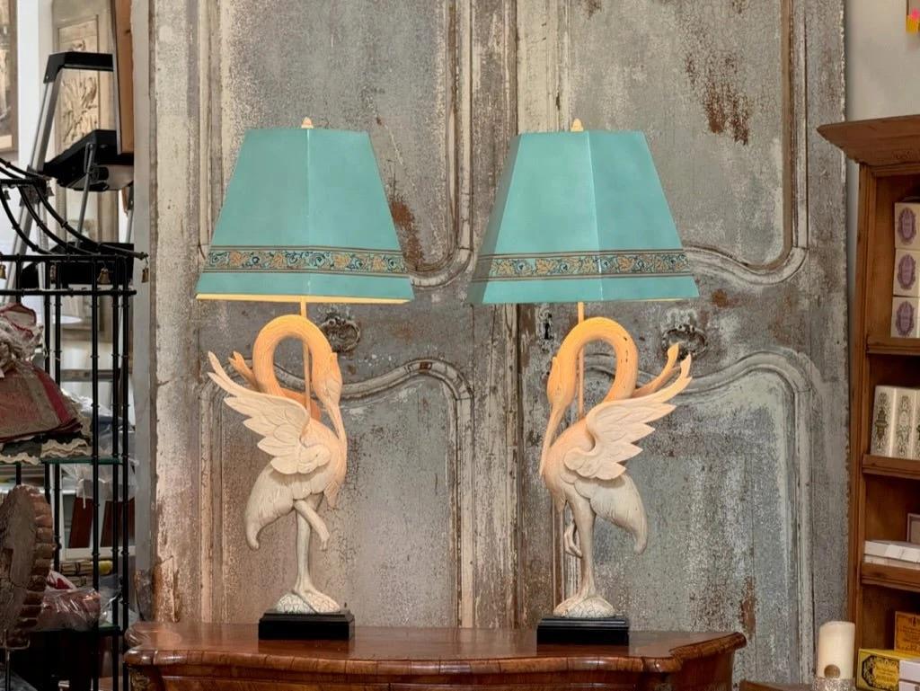 Wood A Pair of White-Painted Carved Egret Lamps Mid-Century