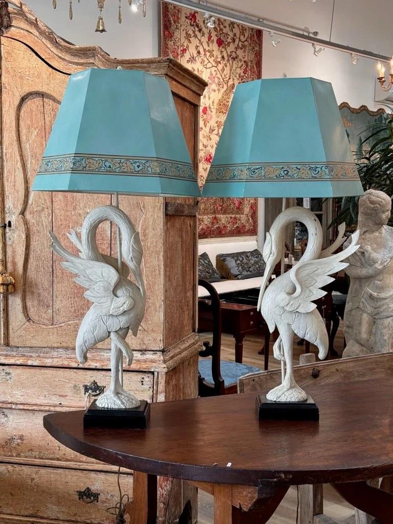 A Pair of White-Painted Carved Egret Lamps Mid-Century 1