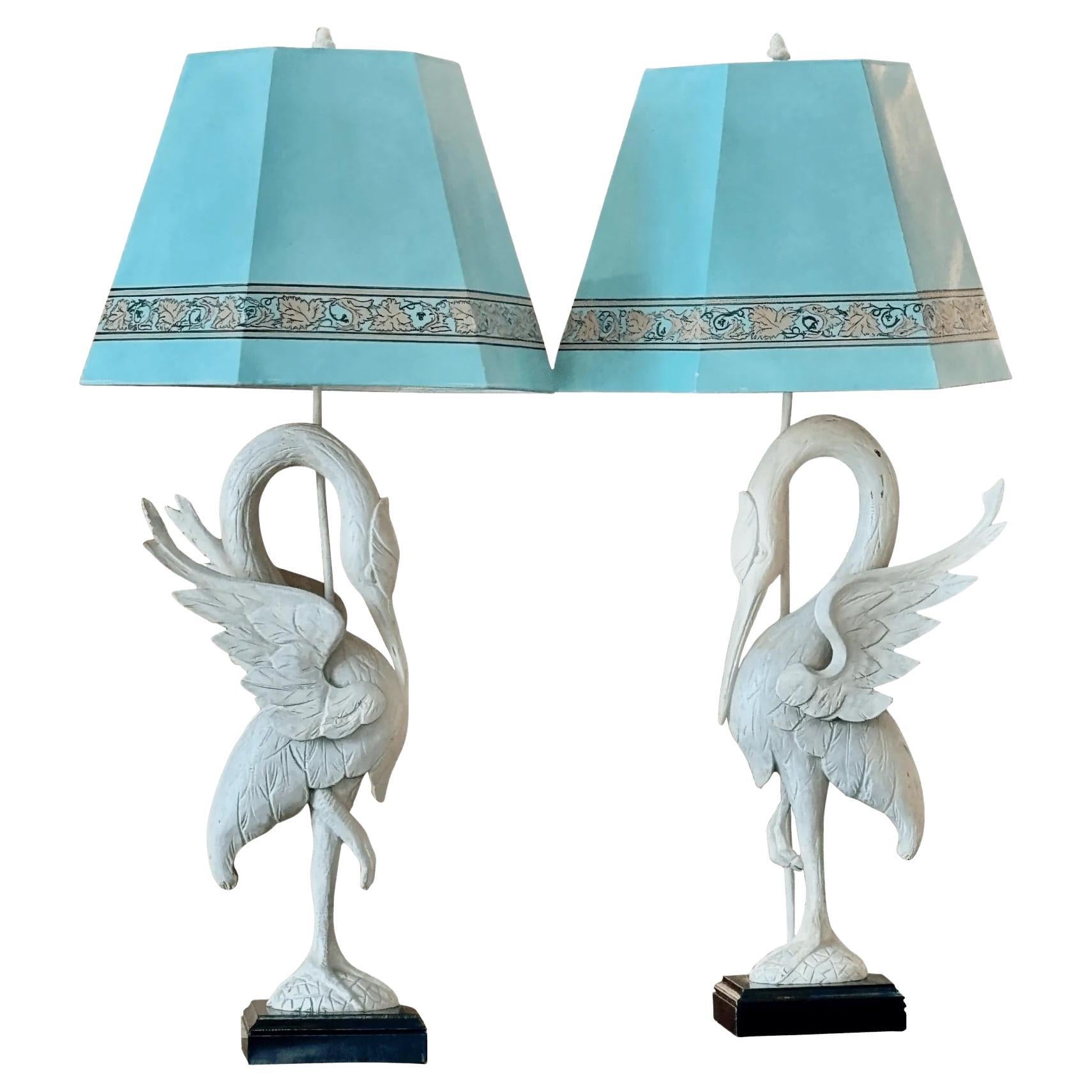 A Pair of White-Painted Carved Egret Lamps Mid-Century