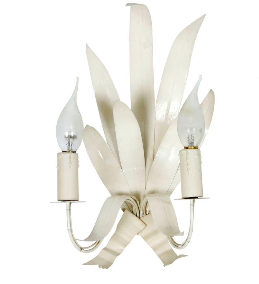 A pair of painted white, French frond wall sconces.
