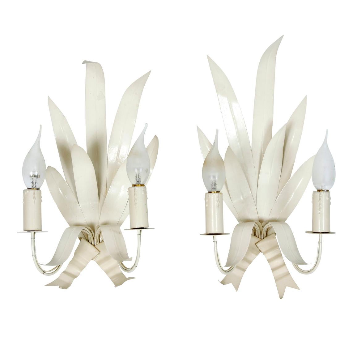 Pair of White Painted French Frond Sconces In Good Condition In Locust Valley, NY