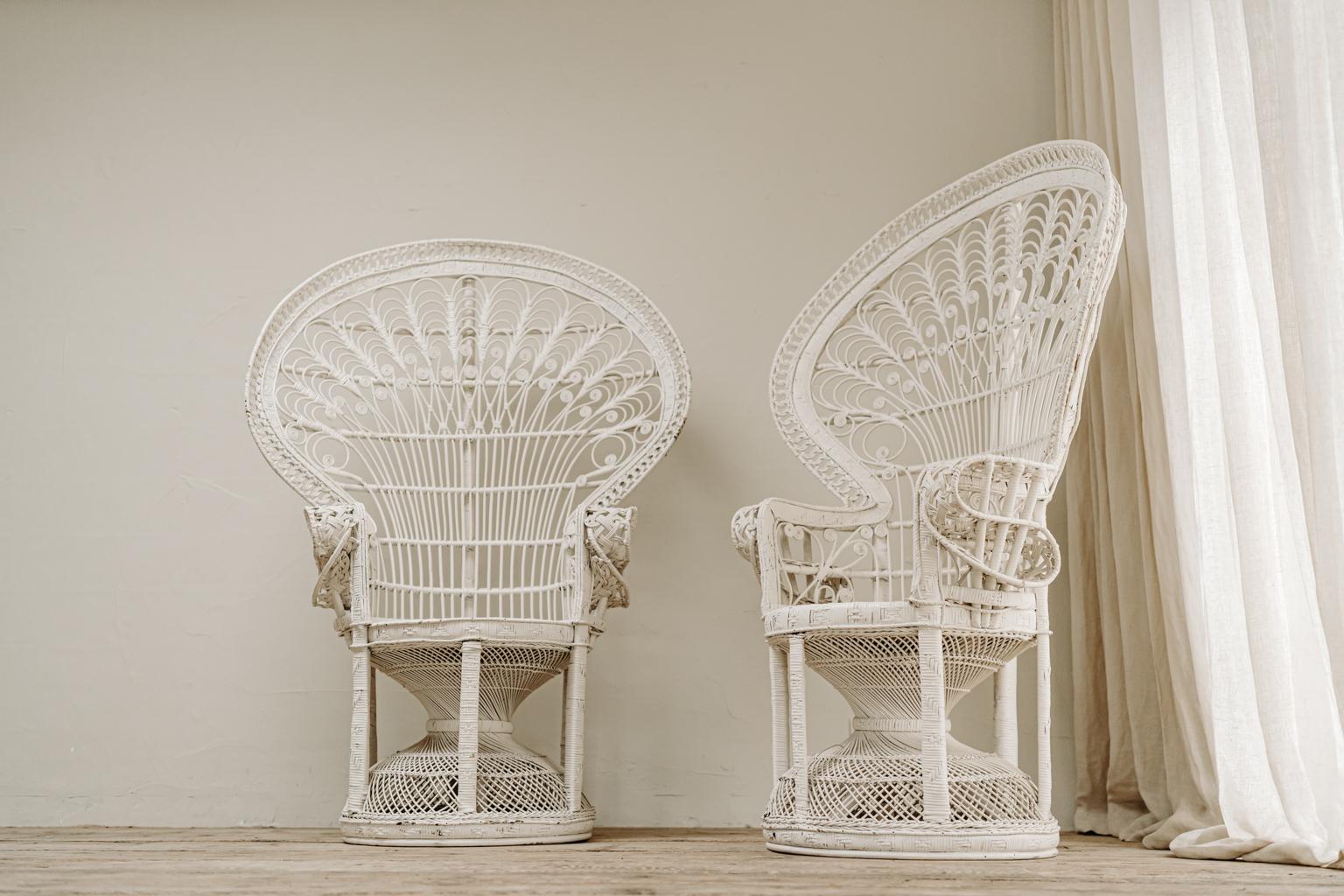 Pair of White Painted Wicker Peacock 