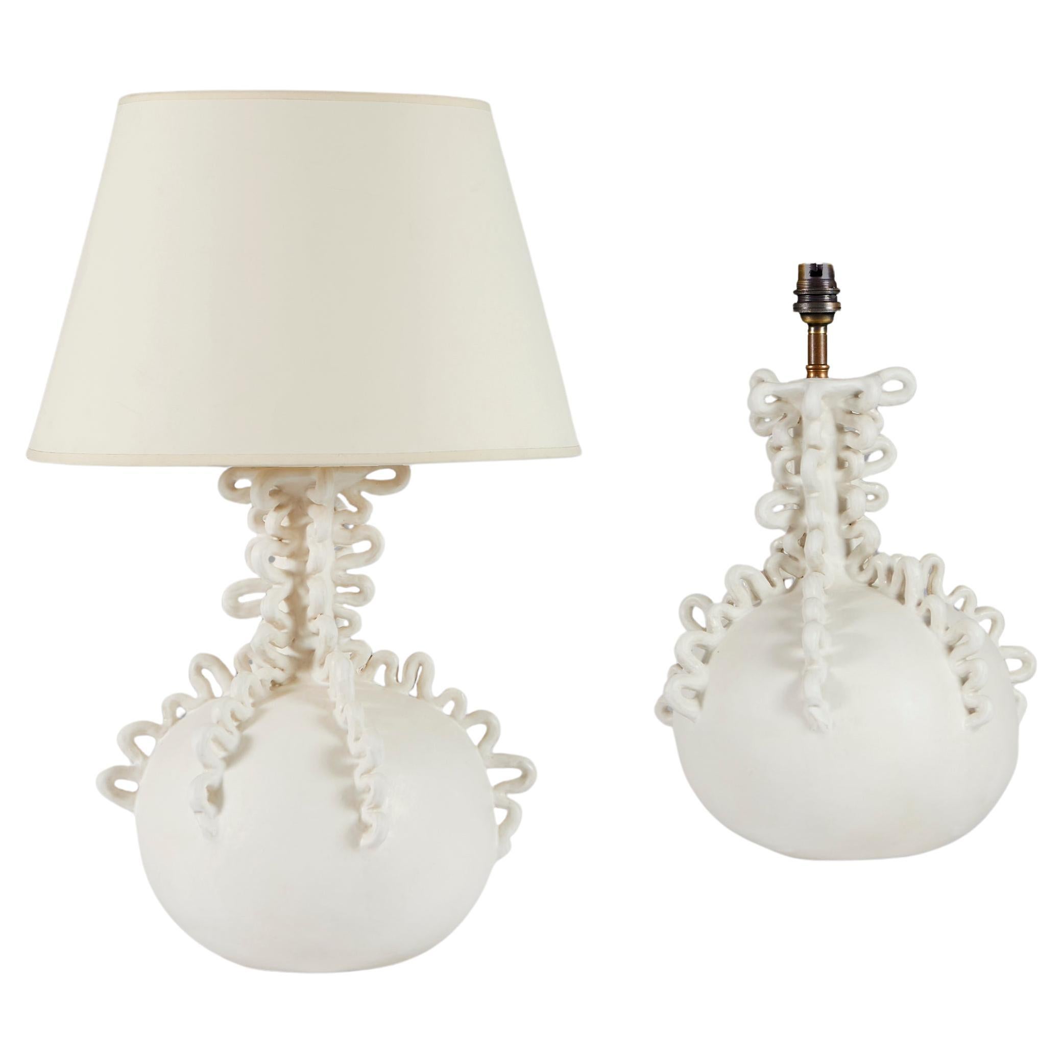 A Pair of White Serpentine Abstract White Glaze Lamps