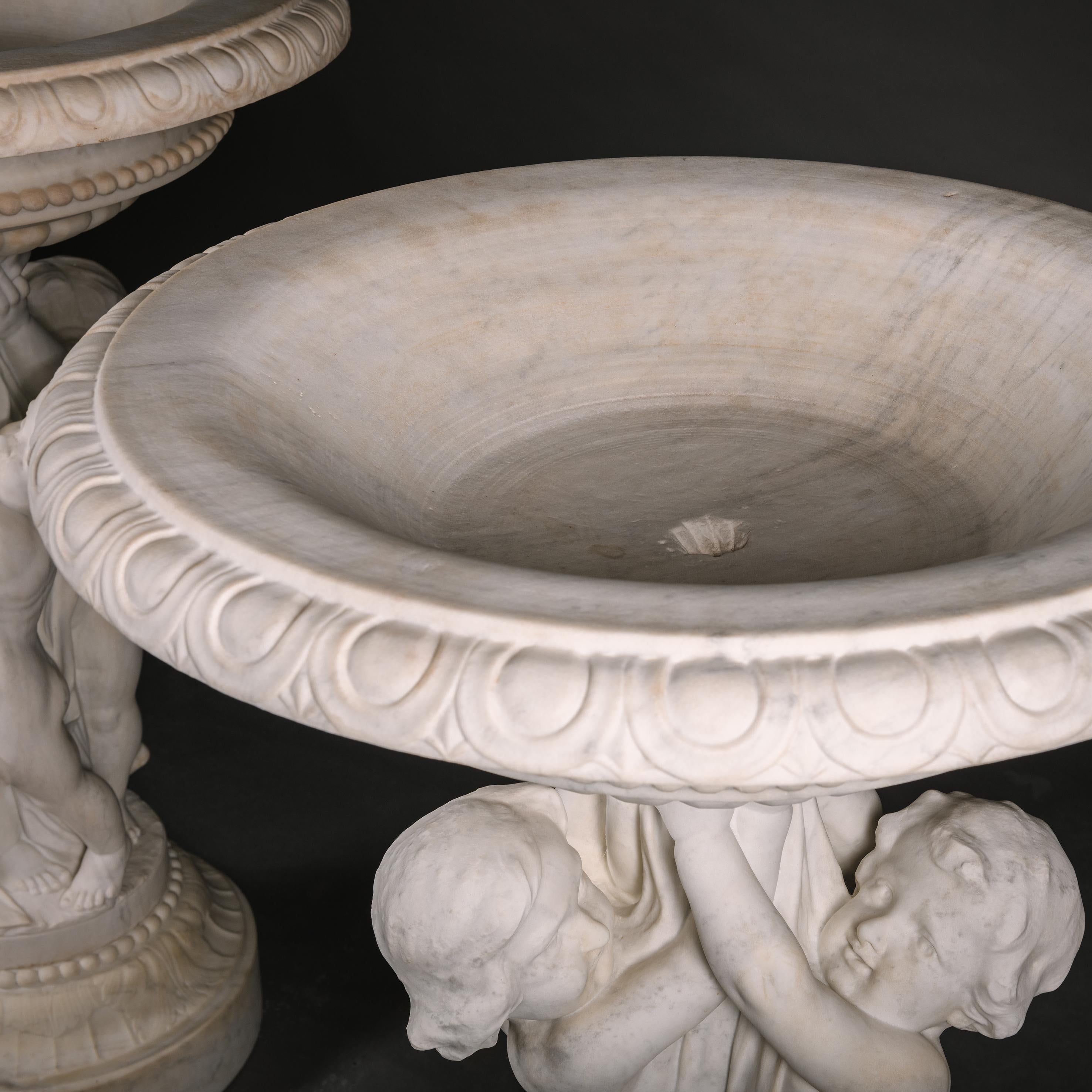 19th Century Pair of White Statuary Marble Garden Planters For Sale