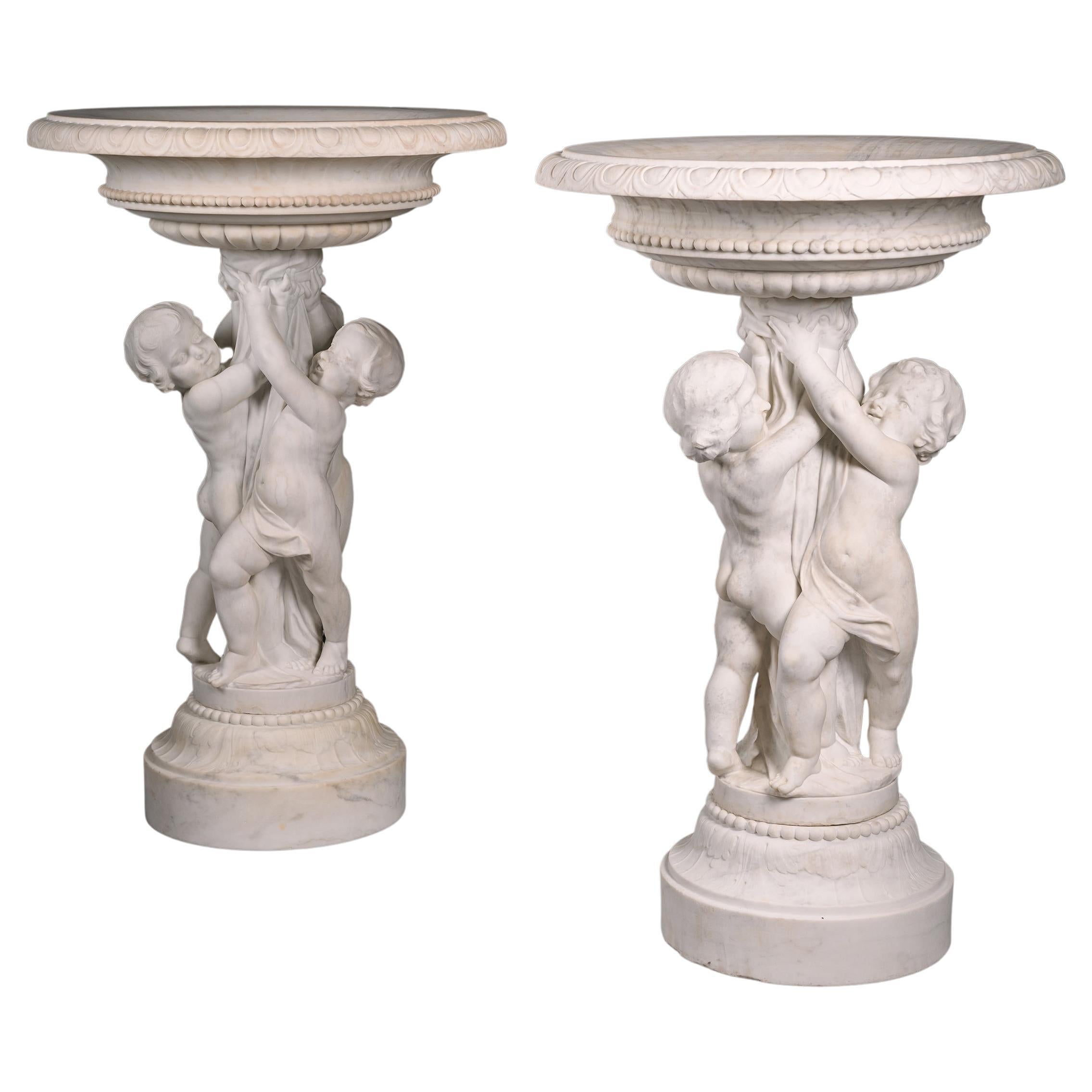 Pair of White Statuary Marble Garden Planters For Sale