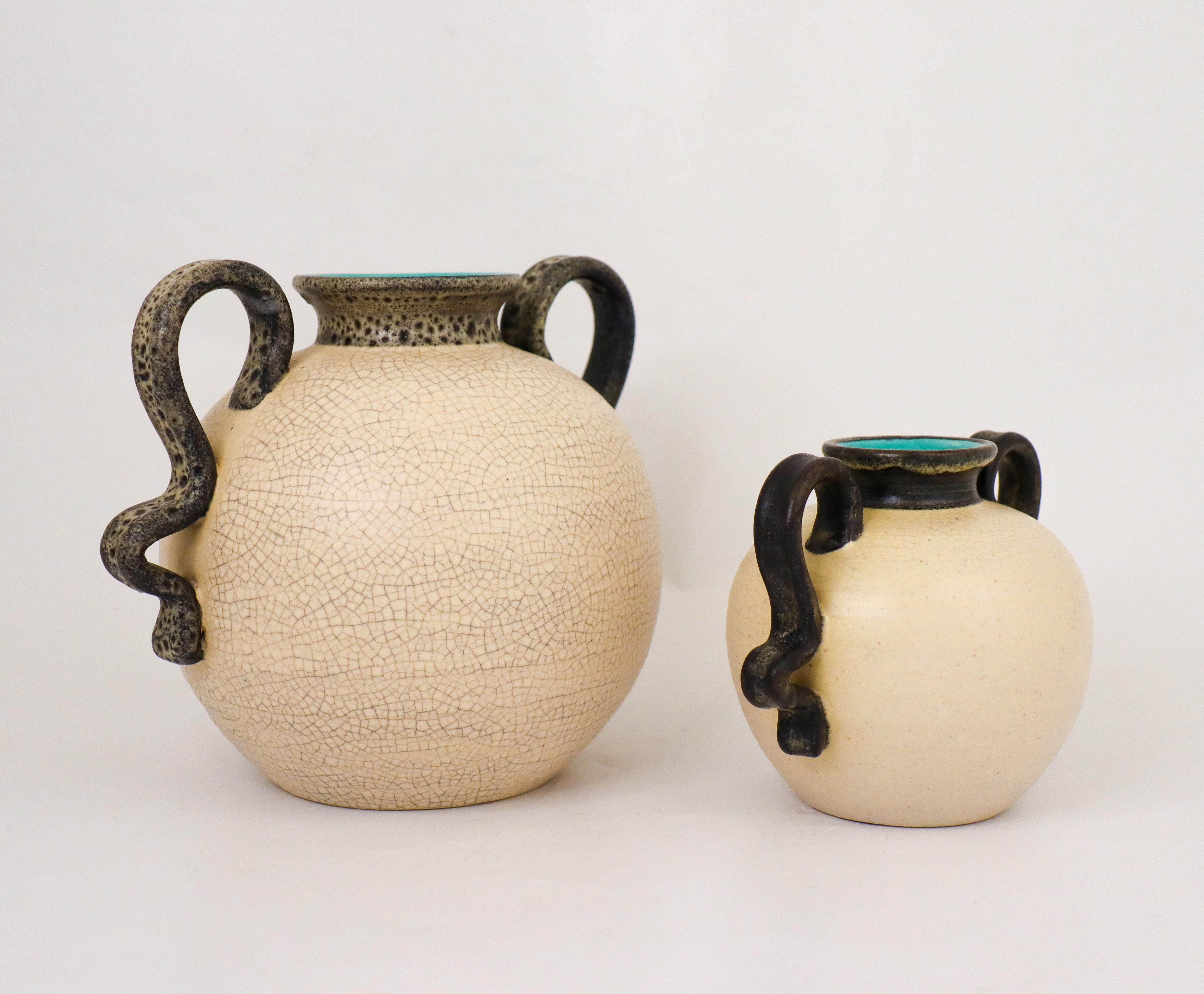 Glazed A pair of white vases with black handles Eva Jancke-Björk - Bo Fajans 1940s For Sale
