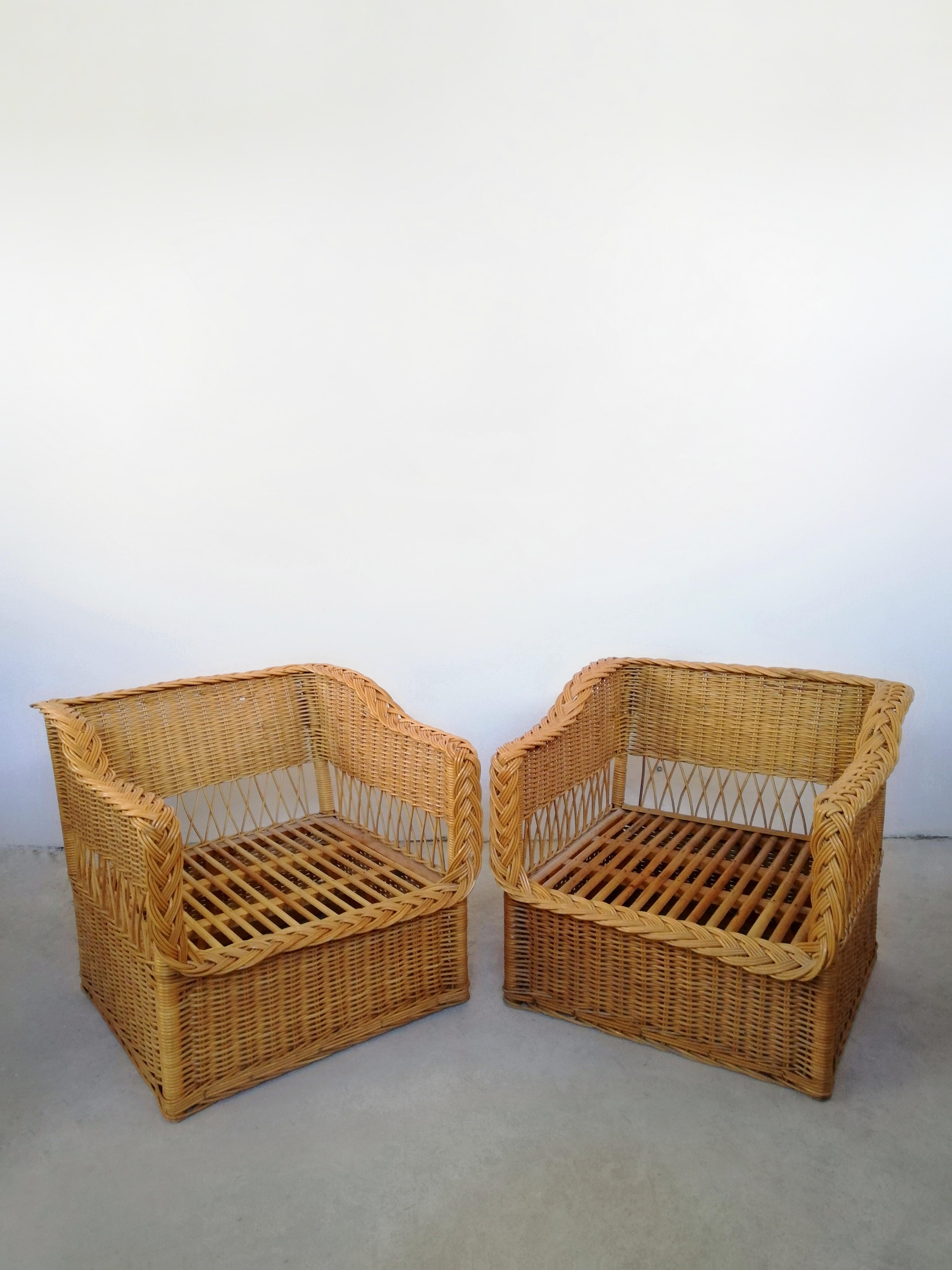 Pair of Wicker Armchairs in the Style of Rodi Serie by Vivai del Sud, 1970s For Sale 13