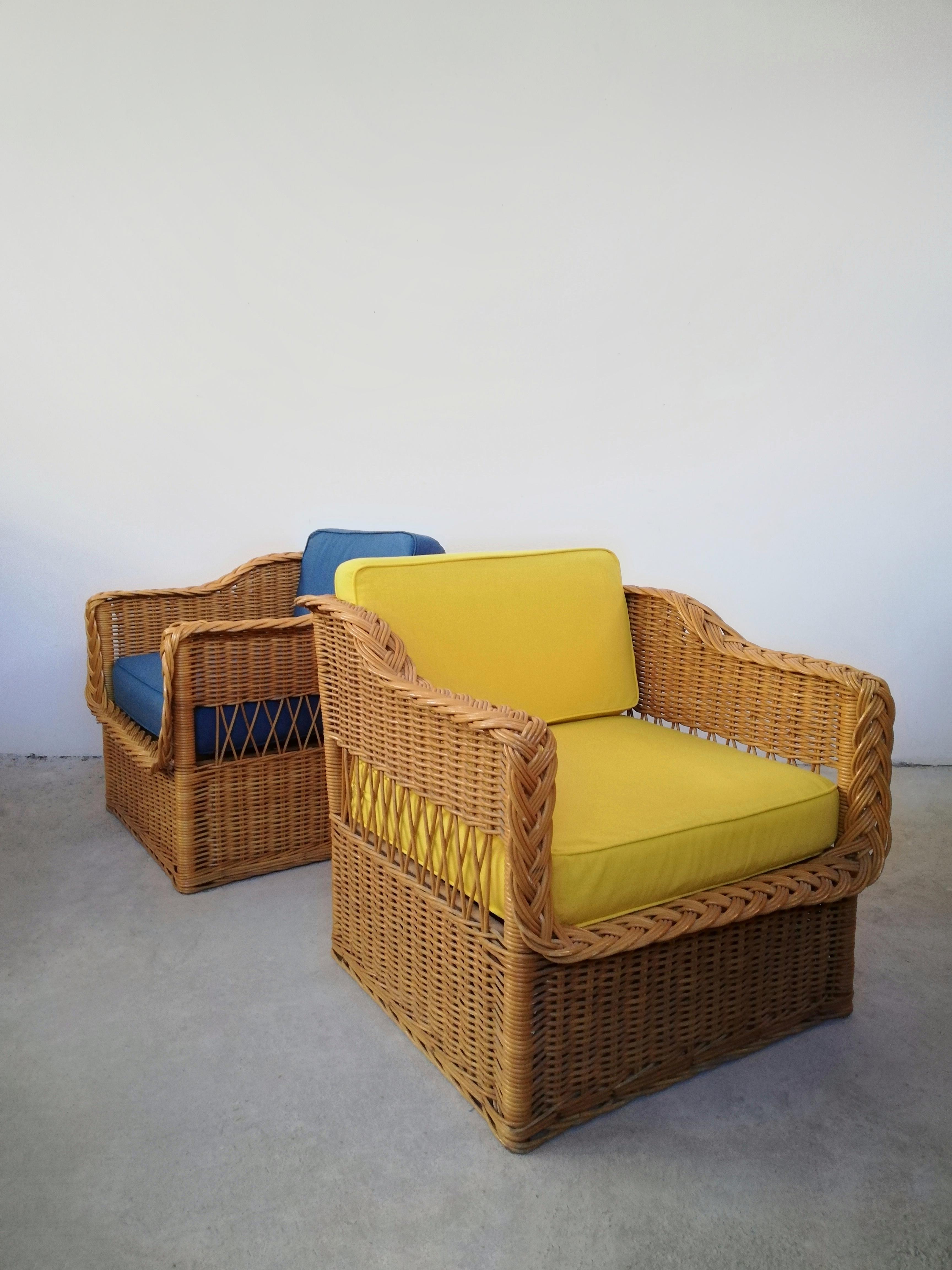 Mid-Century Modern Pair of Wicker Armchairs in the Style of Rodi Serie by Vivai del Sud, 1970s For Sale