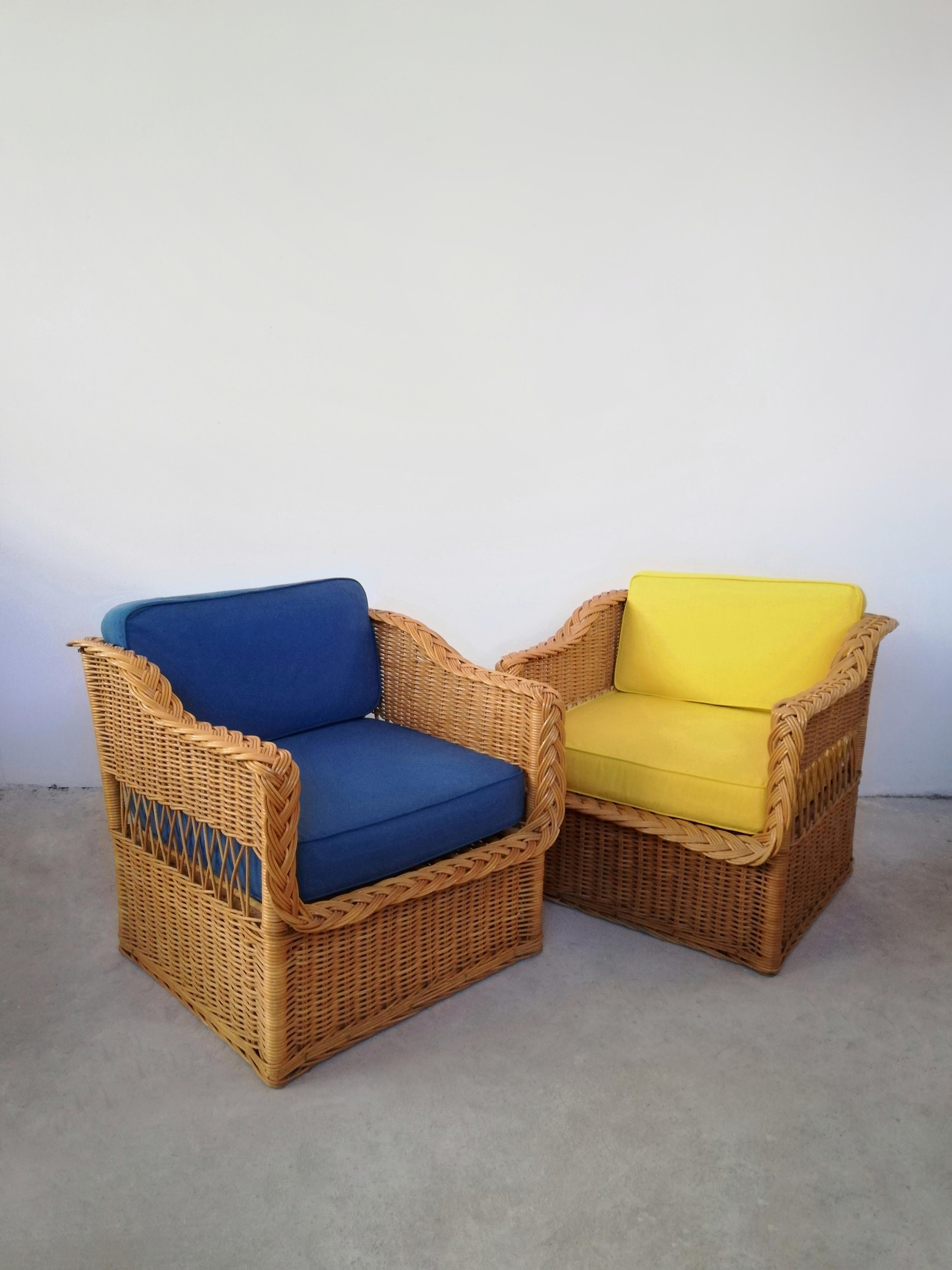 Pair of Wicker Armchairs in the Style of Rodi Serie by Vivai del Sud, 1970s In Good Condition For Sale In Roma, IT