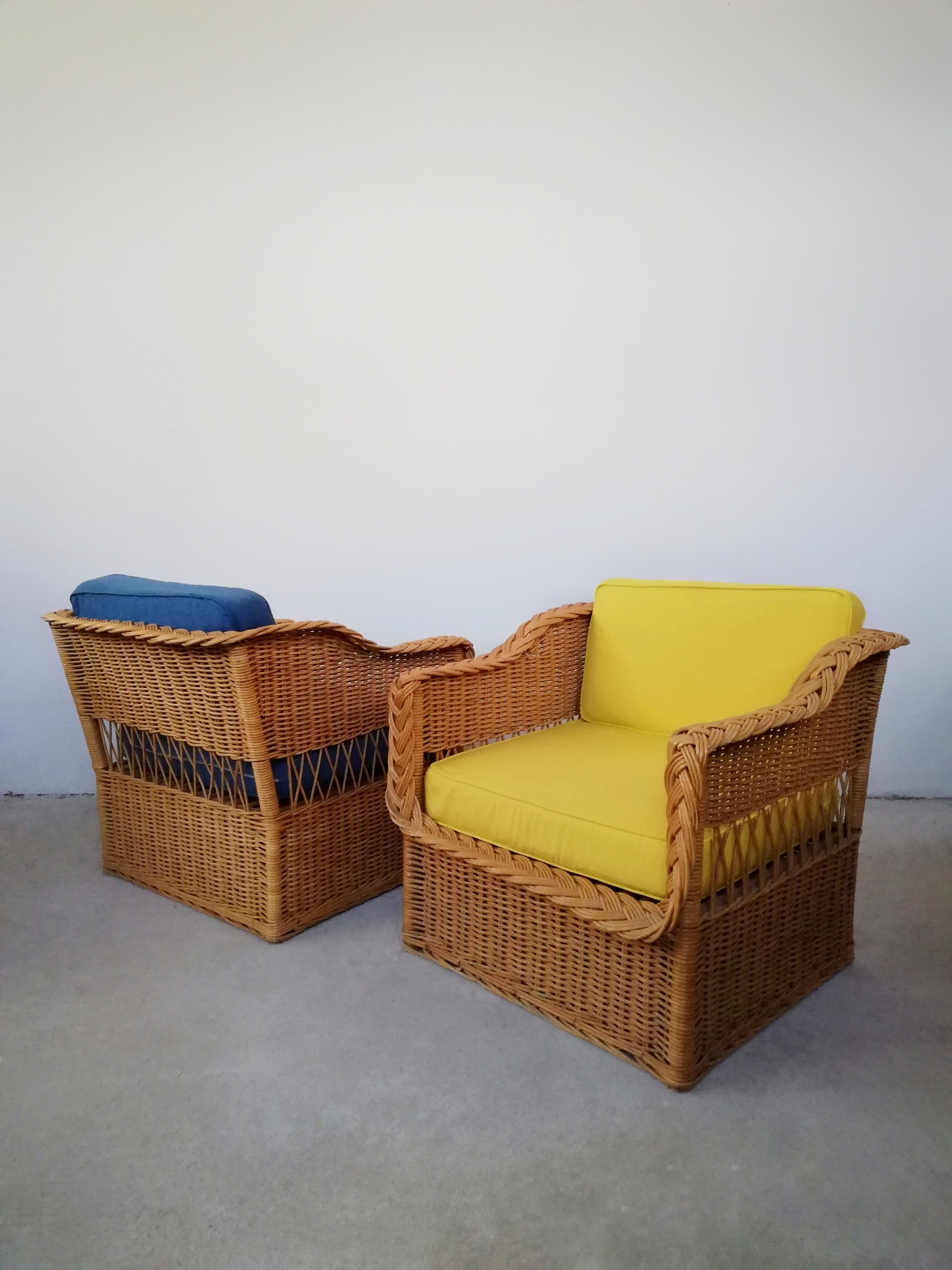 Rush Pair of Wicker Armchairs in the Style of Rodi Serie by Vivai del Sud, 1970s For Sale