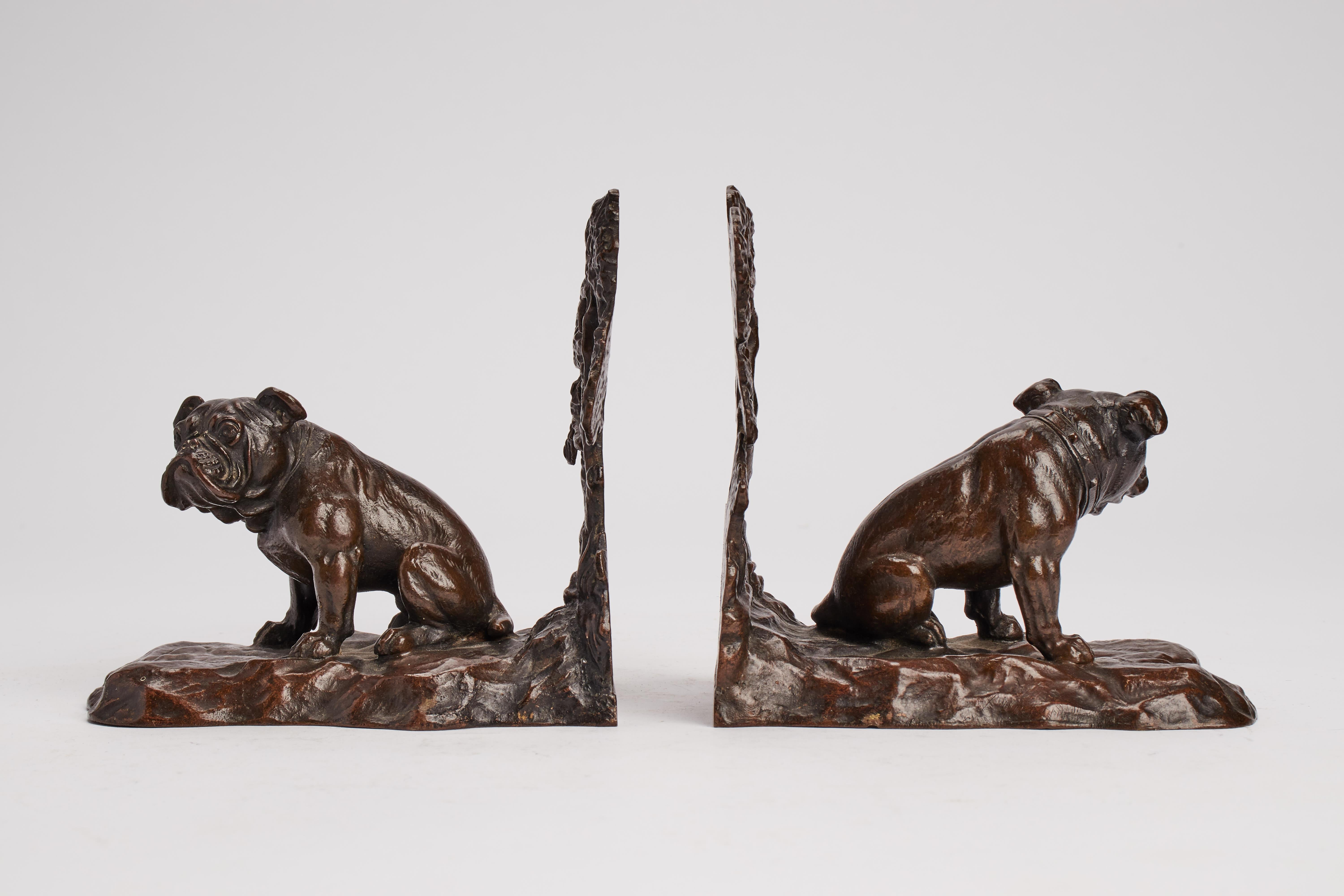 A pair of little Vienna bronze bookends for desk representing a bulldog under a tree. Austria circa 1870.