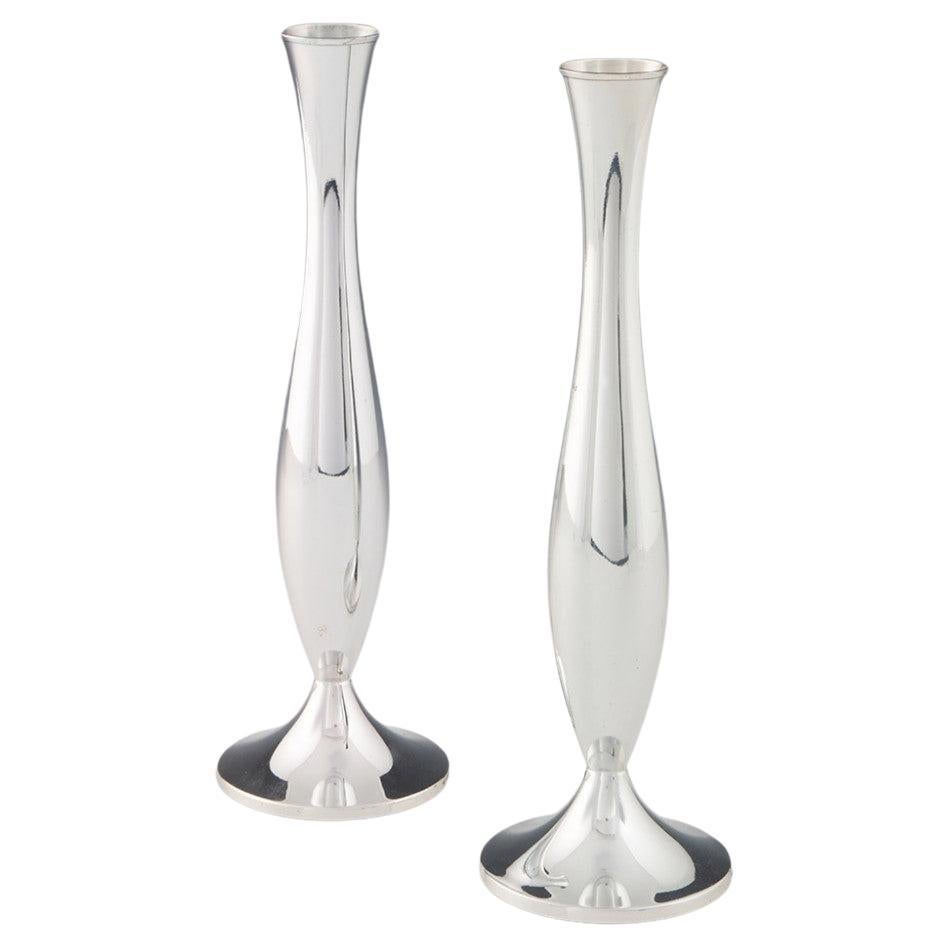 A Pair Of Wilkens Modernist German Silver Rose Vases c1950