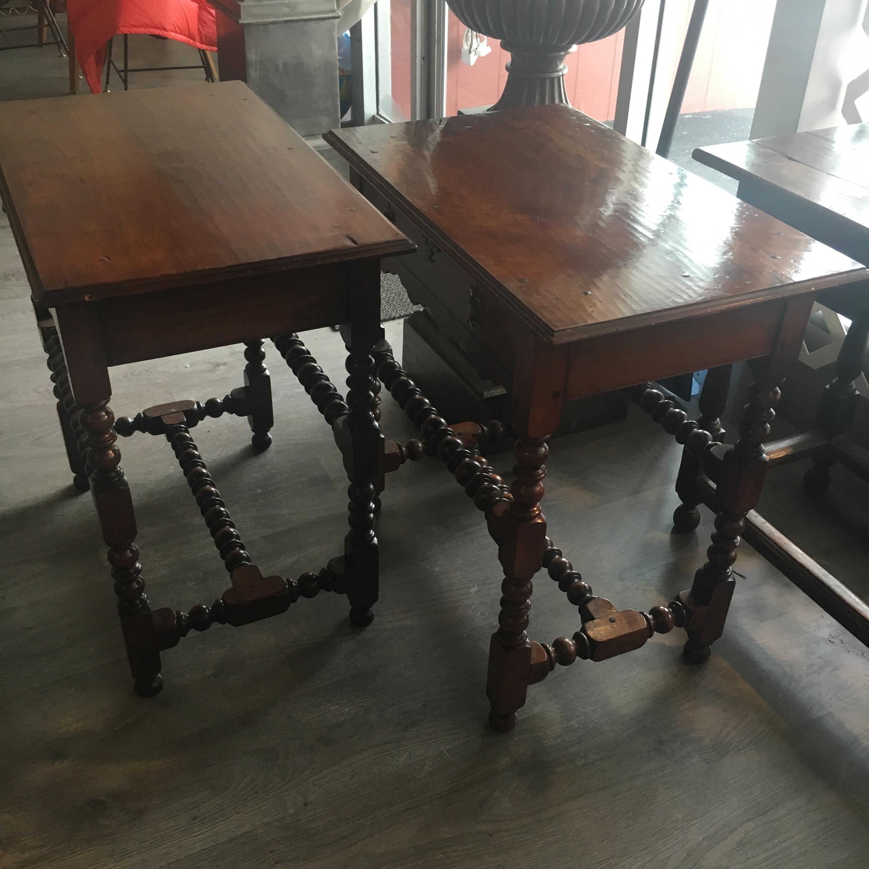 A pair of William and Mary style walnut side tables, great color and patina, priced per table, note the craftsmanship of hand hewned and pegged tops, dovetailed drawers, look like period pieces.