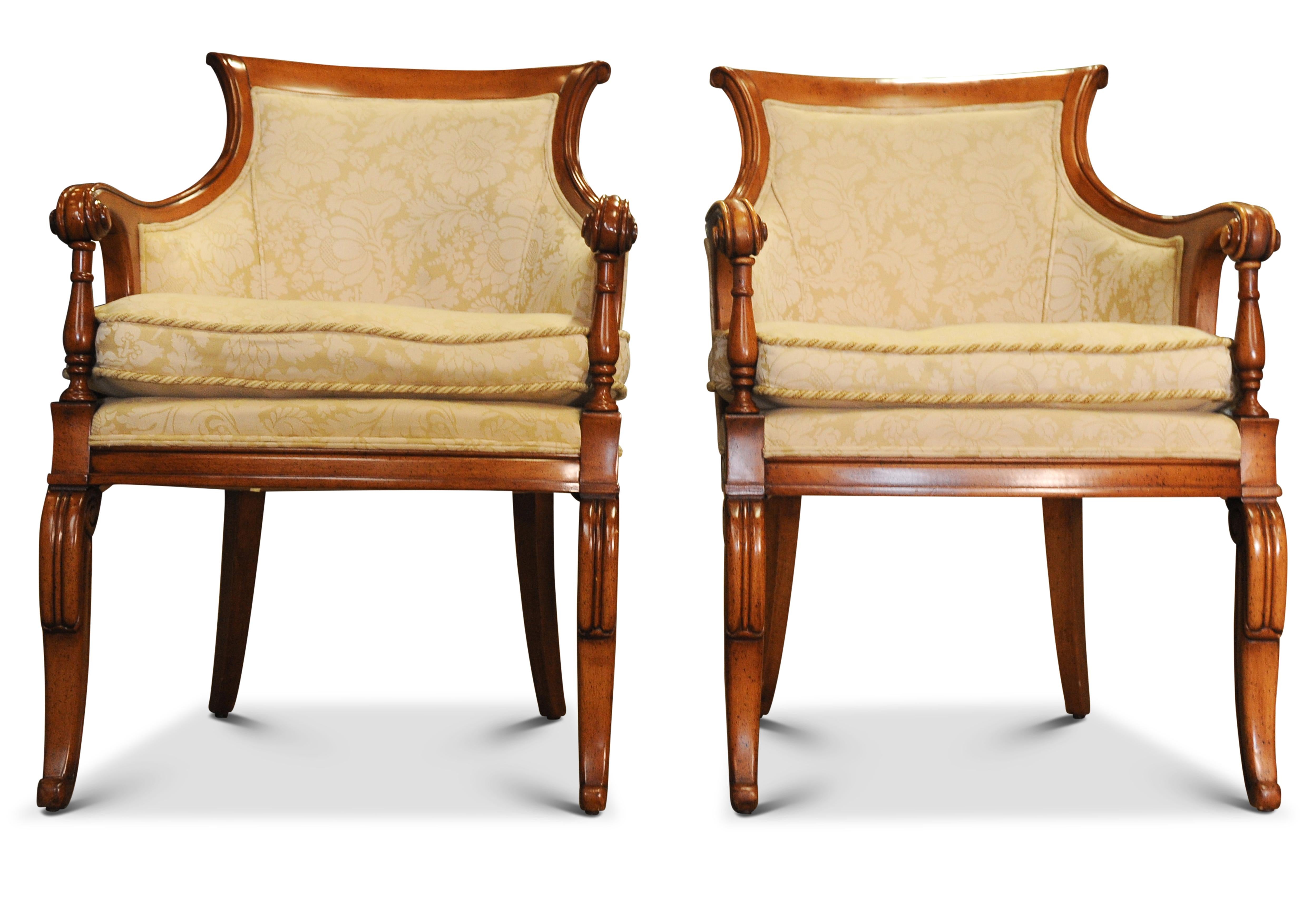 Elegant Matching Pair of 20th Century William IV Design Bergere Arm Chairs With Scroll Backs Upholstered in Cream Damask. Perfect For Any Library, Study or Lounge Space.

Height to arms 67.5cm
Height to seat 54cm

Width of seat 52cm at front 35cm at