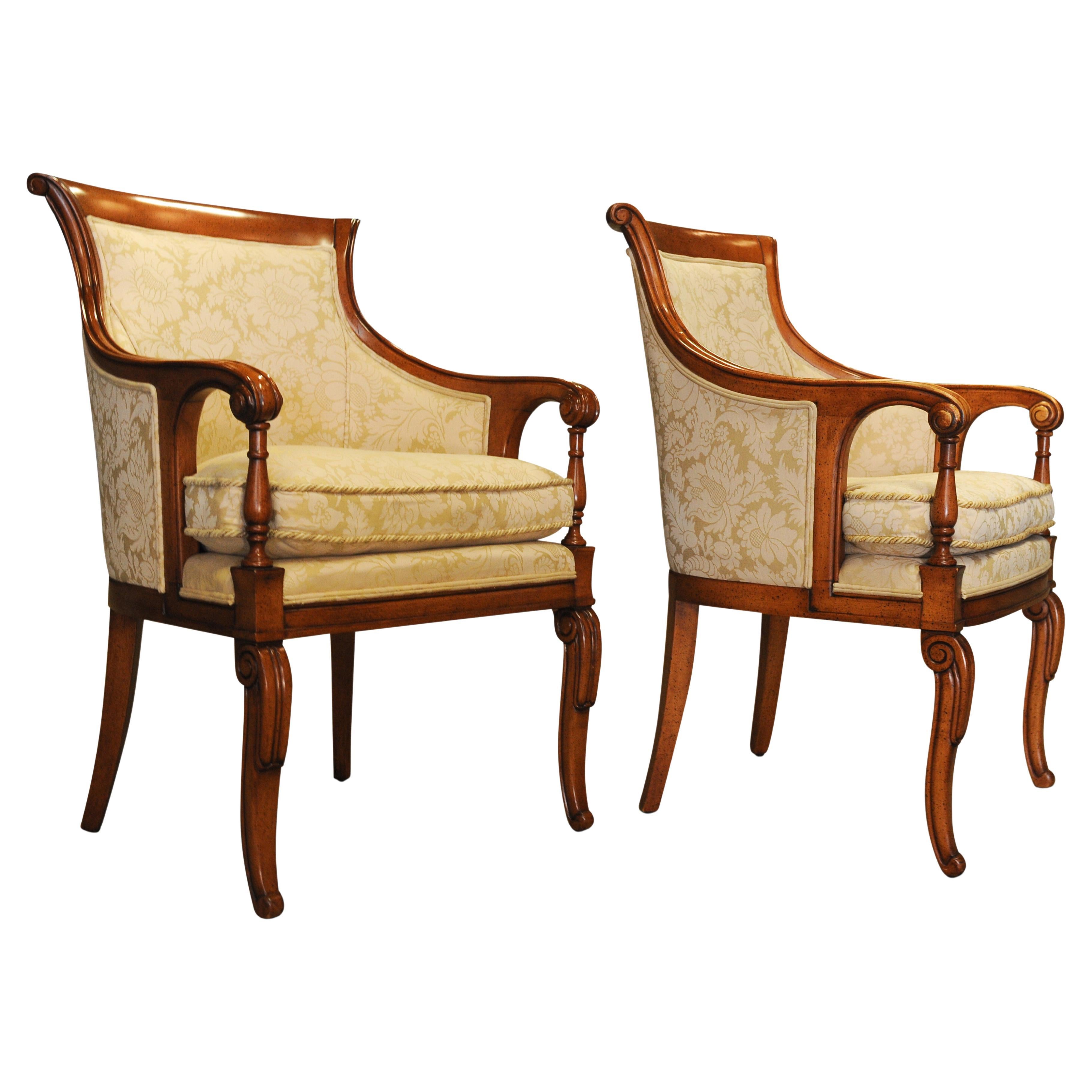 British Elegant Pair of William IV Design Bergere Armchairs With Cream Damask Upholstery For Sale