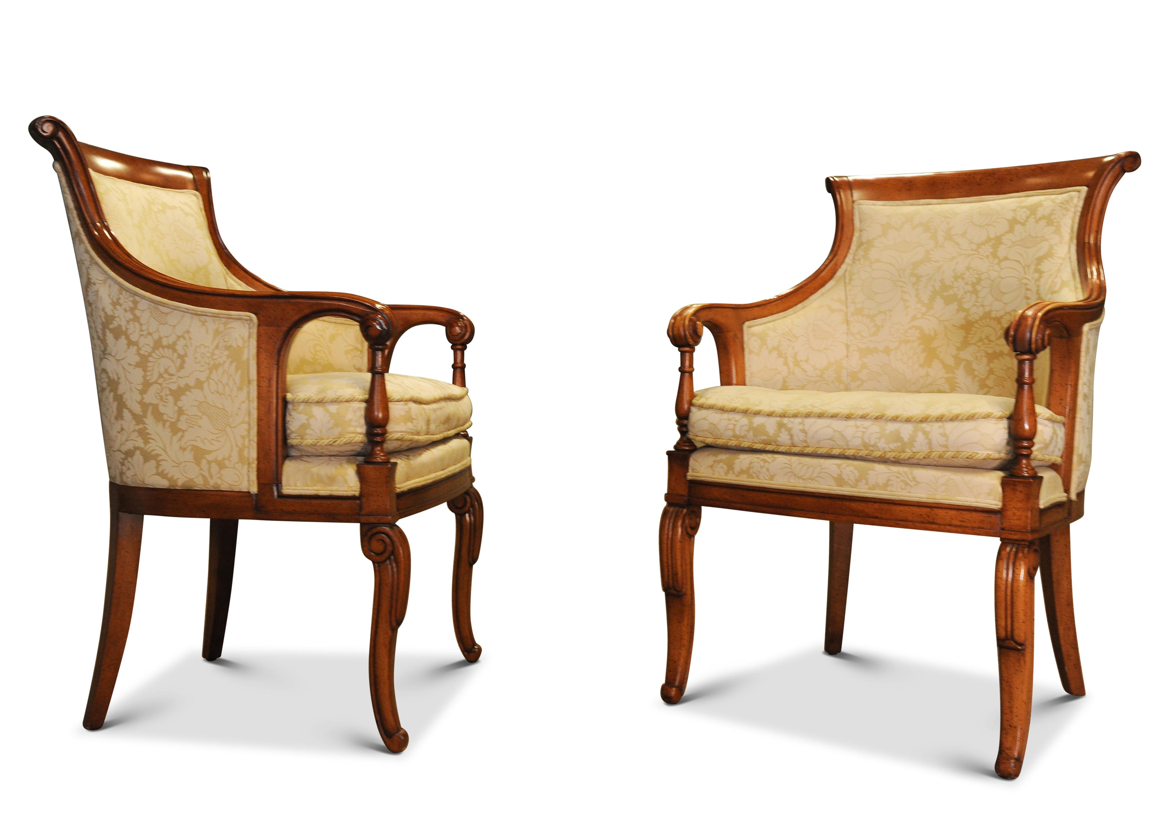Elegant Pair of William IV Design Bergere Armchairs With Cream Damask Upholstery In Good Condition For Sale In High Wycombe, GB