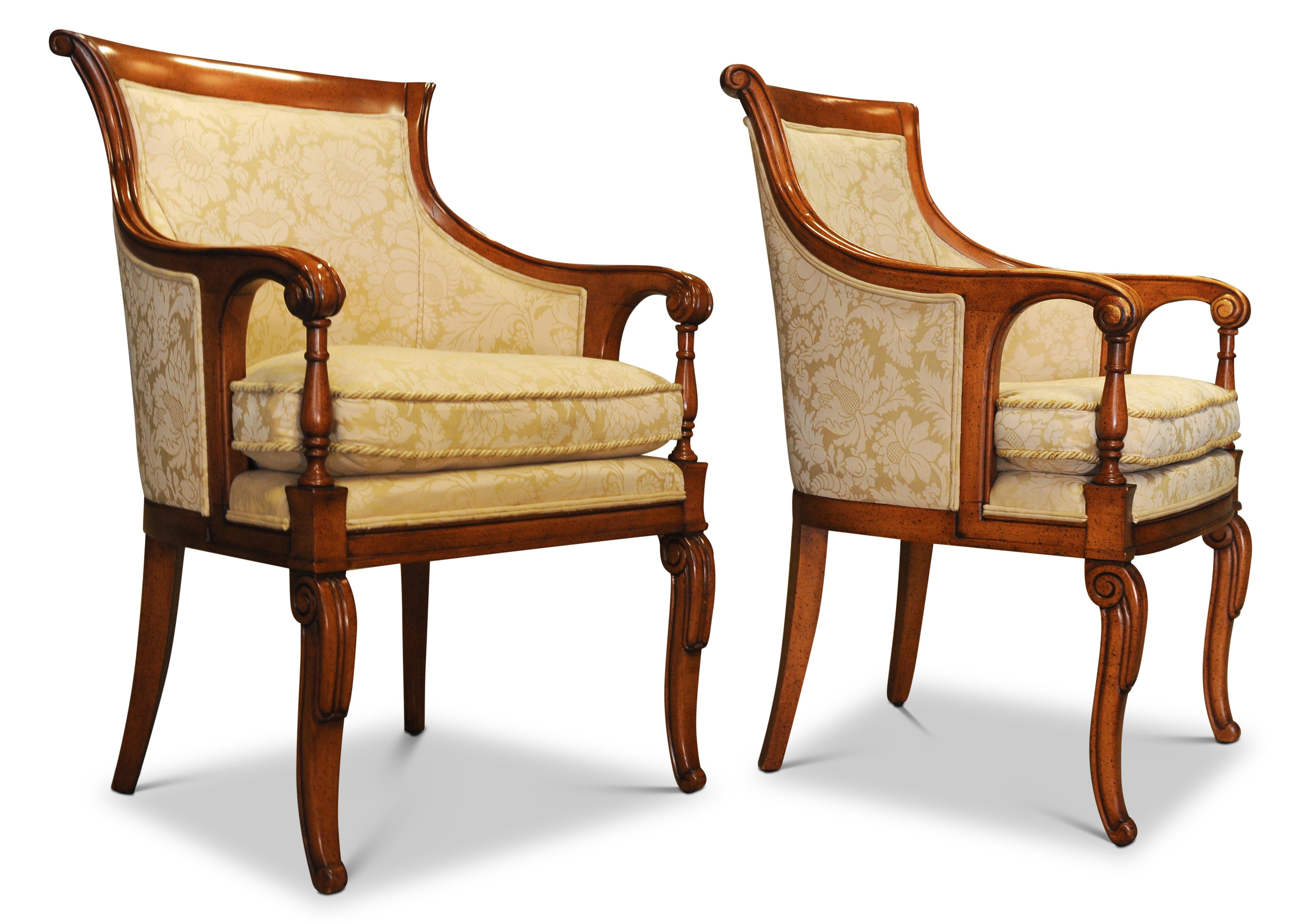 Elegant Pair of William IV Design Bergere Armchairs With Cream Damask Upholstery For Sale 1