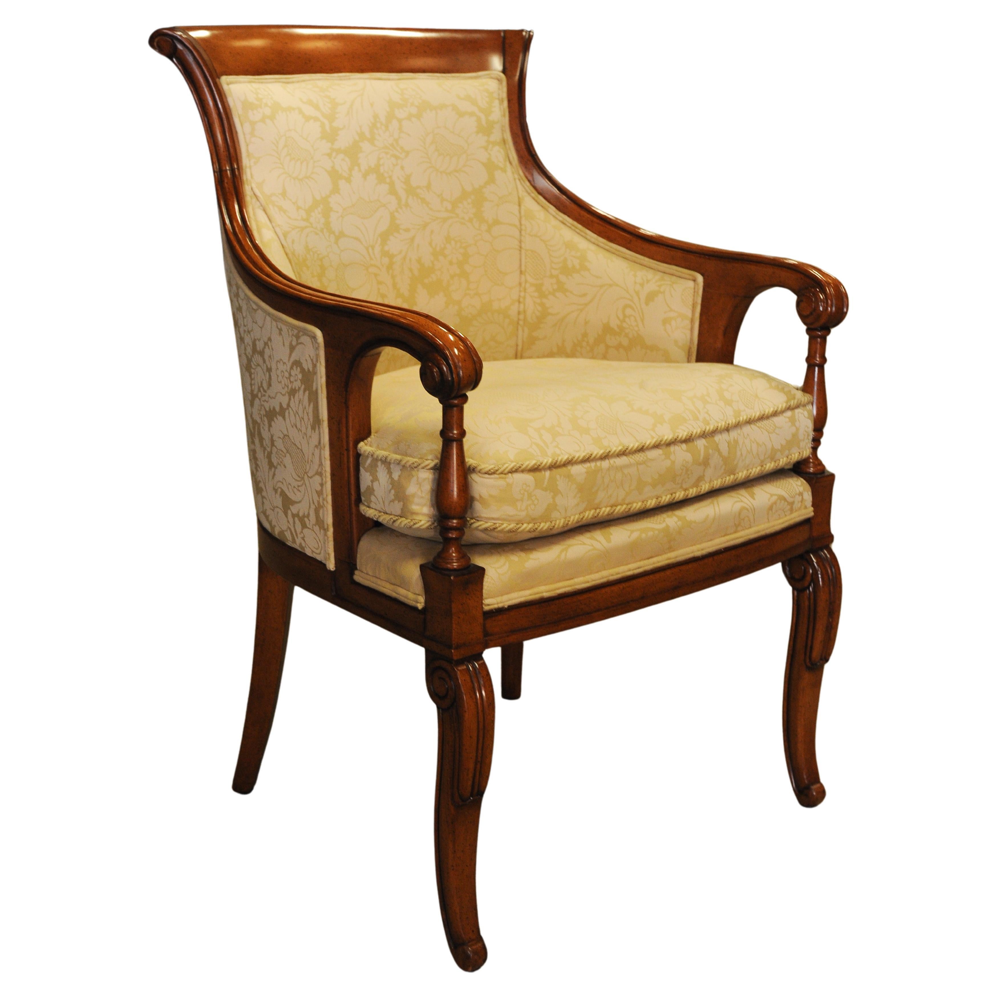 Elegant Pair of William IV Design Bergere Armchairs With Cream Damask Upholstery For Sale 3