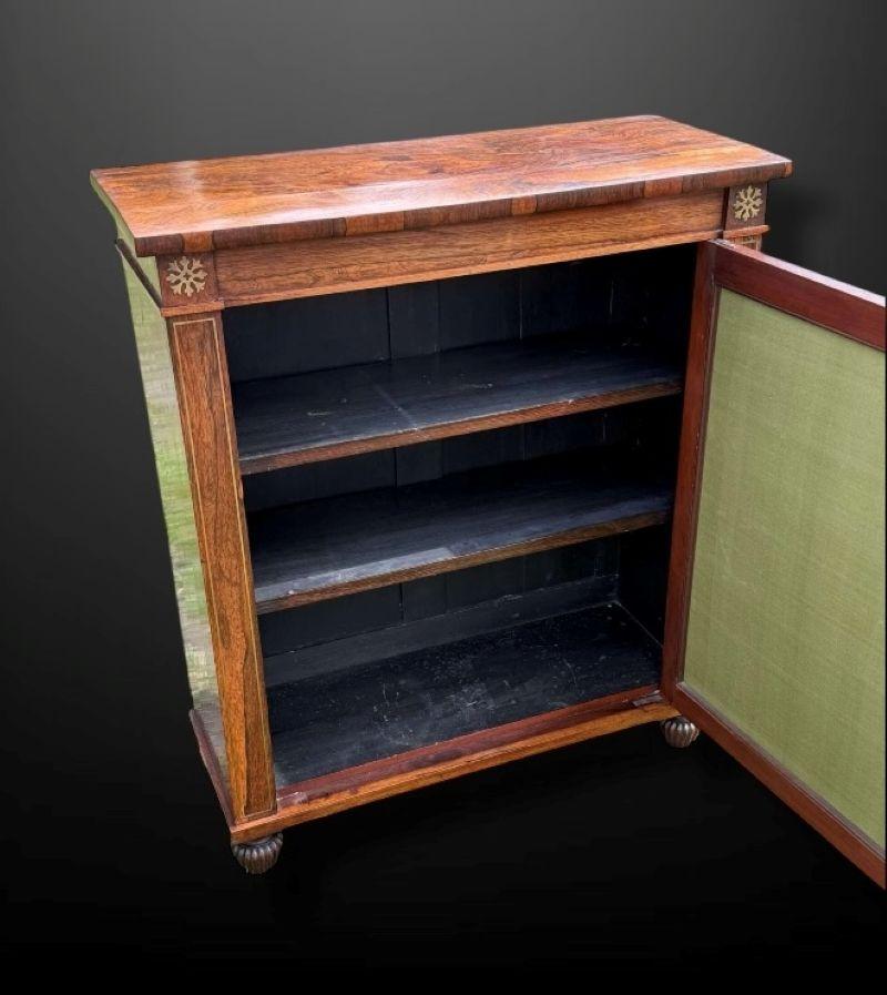 Une belle paire de cabinets en bois de rose, vers 1830, tous deux dotés de grilles décoratives en laiton derrière lesquelles se trouve de la soie dorée plissée.

Chaque meuble présente de belles nuances de bois de rose, des décors floraux en laiton