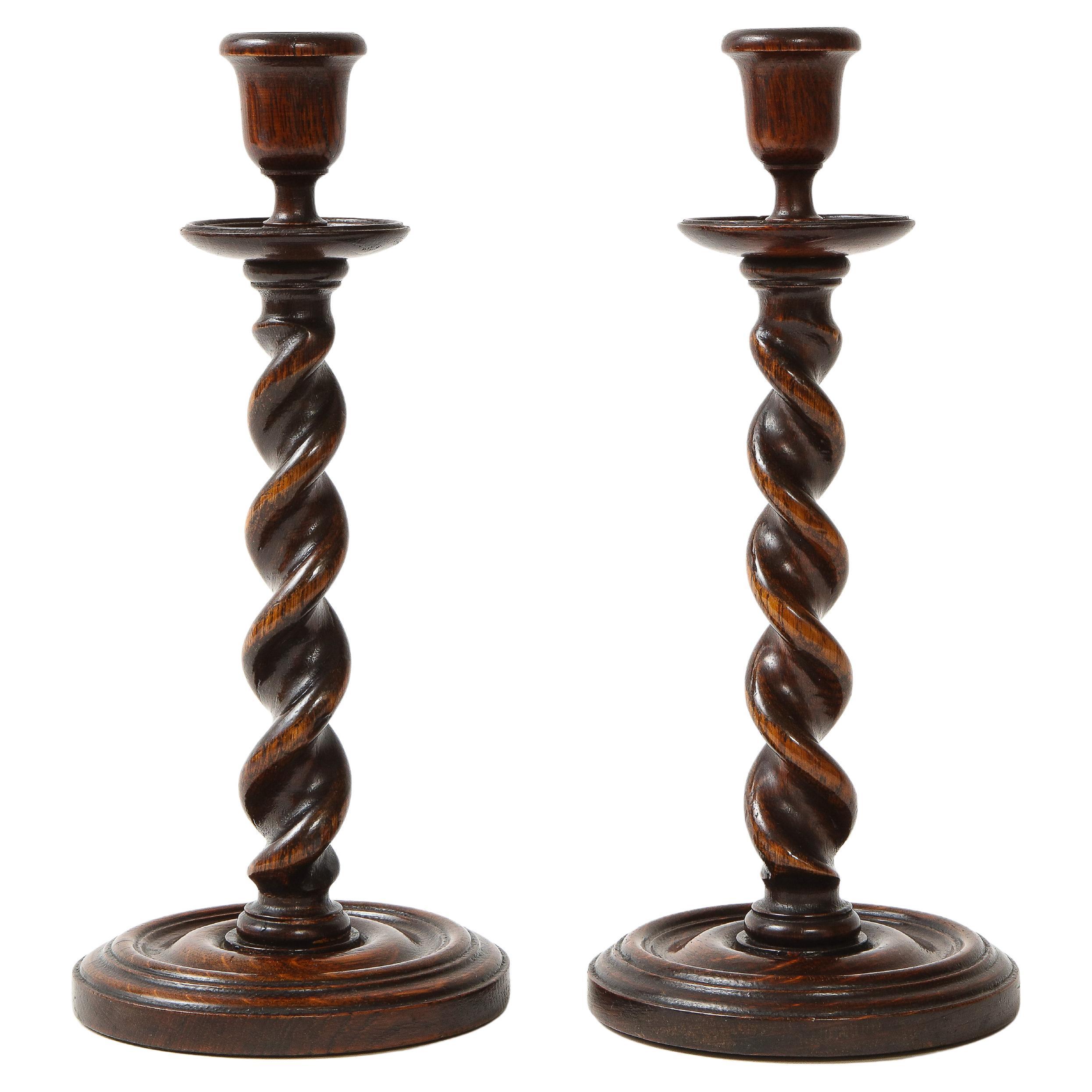 Pair of William IV Turned Oak Candlesticks For Sale
