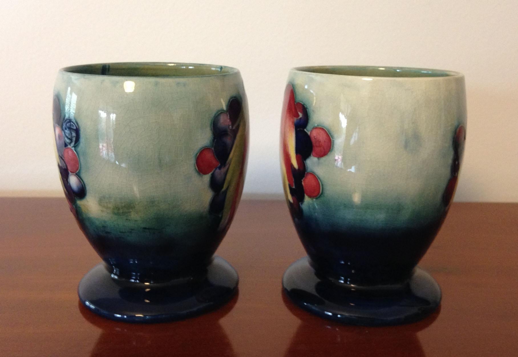 British Rare Pair of William Moorcroft Leaf and Berry Pattern Pottery Goblets, C1930 For Sale