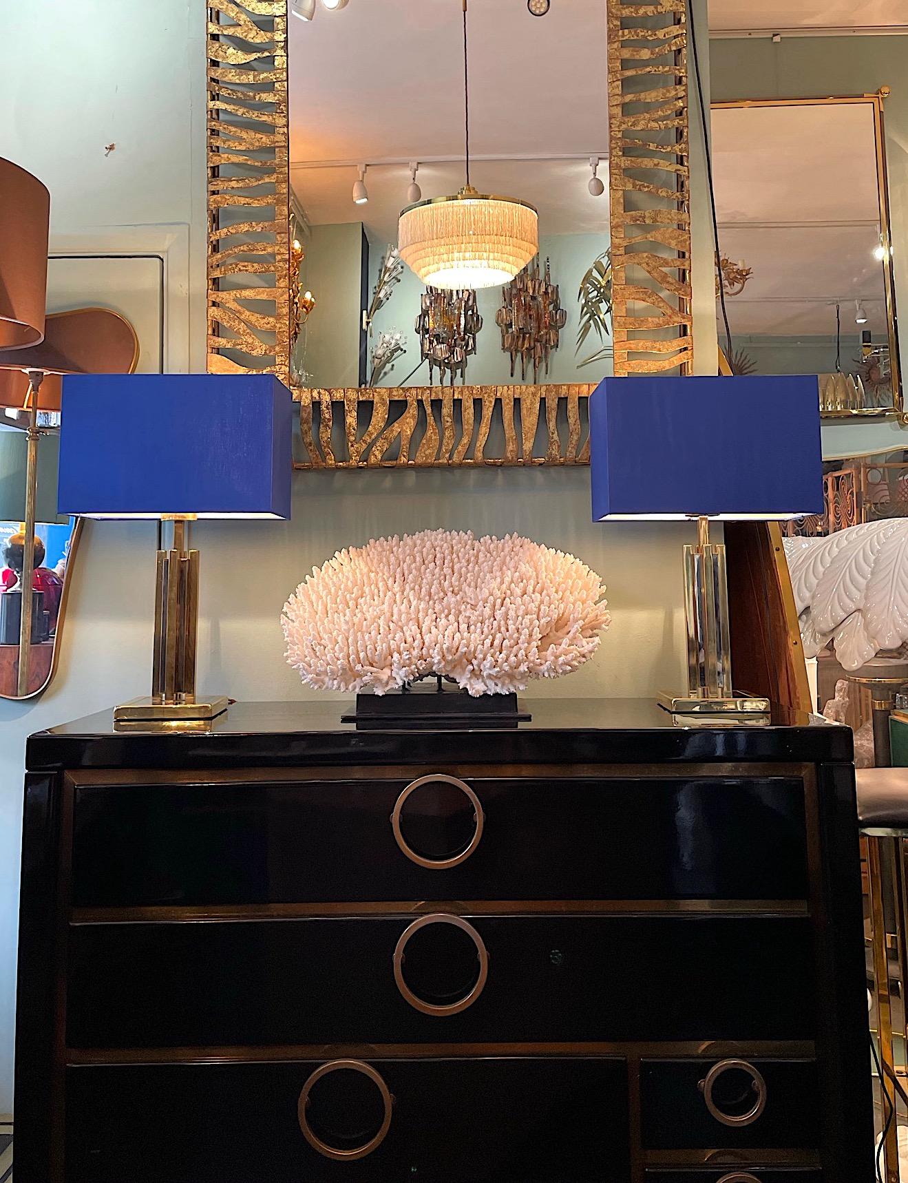 A pair of Willy Rizzo 1970s chrome and brass style lamps by Belgium maker S A. Boulanger with new bespoke cobalt blue shades with gold linings. Re wired with antique gold cord flex and new fittings and PAT tested.