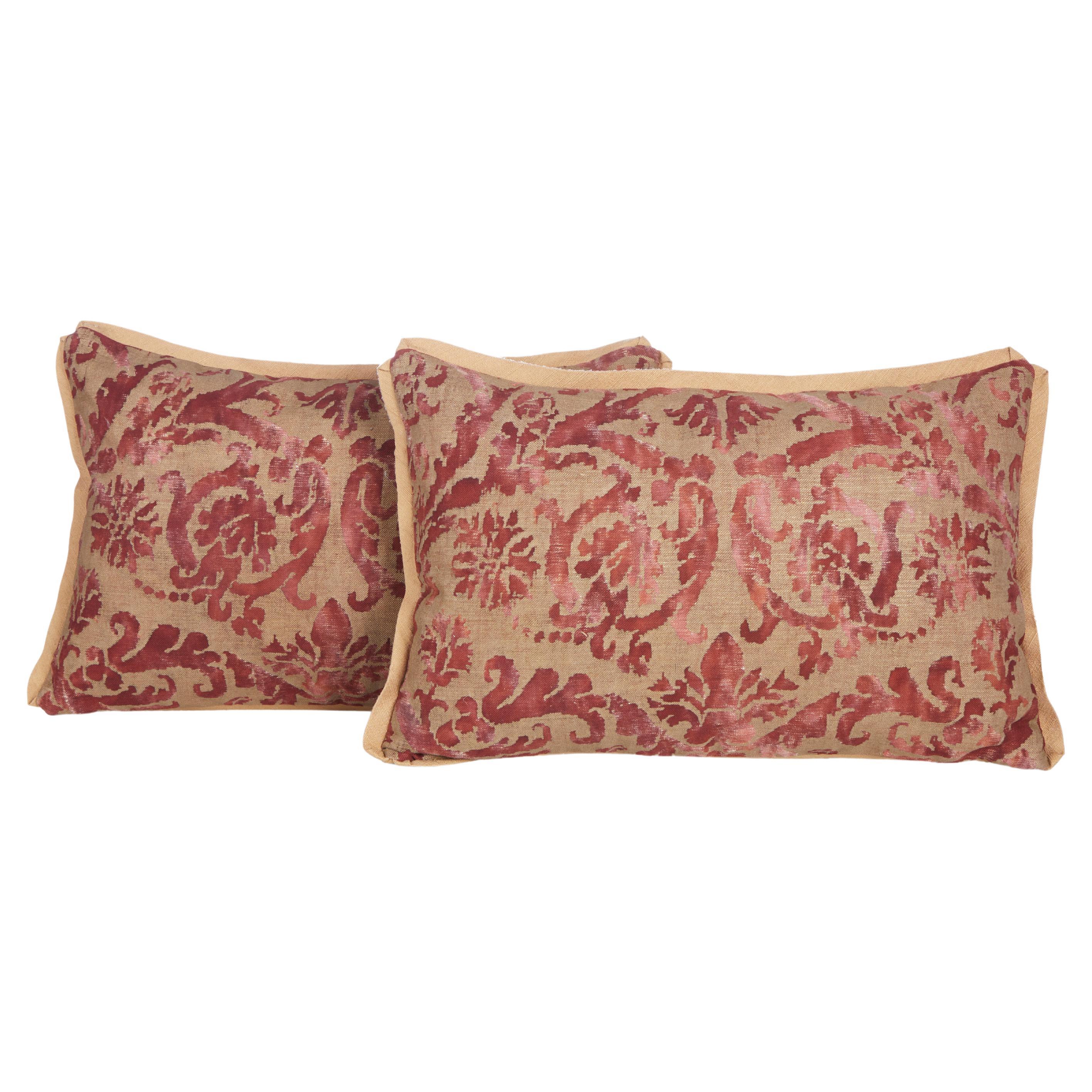 Pair of Wine and Gold Damask Patterned Fortuny Cushion by David Duncan Studio For Sale