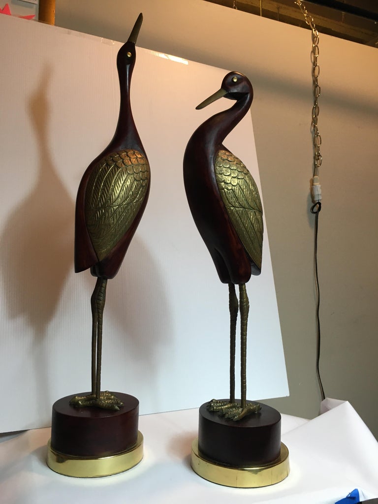 American Pair of Wood and Brass Cranes by Frederick Cooper For Sale