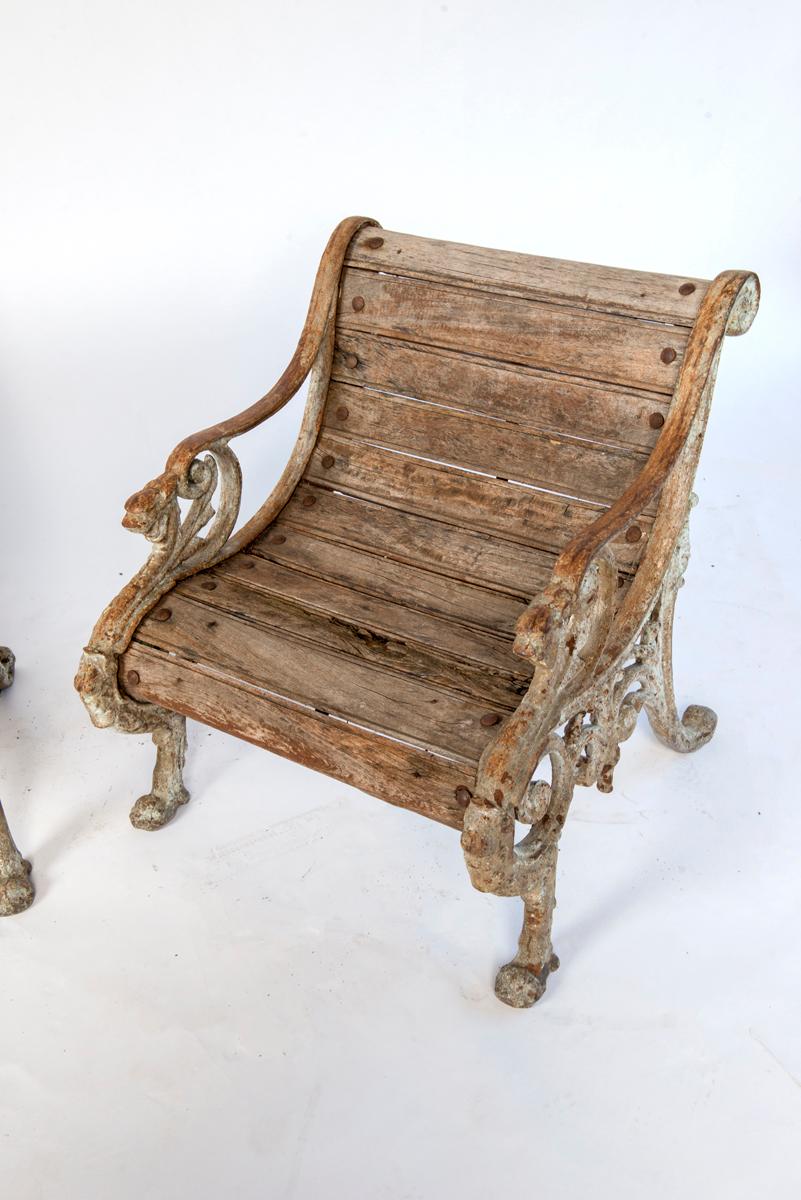 French Pair of Wood and Cast Iron Garden Seats