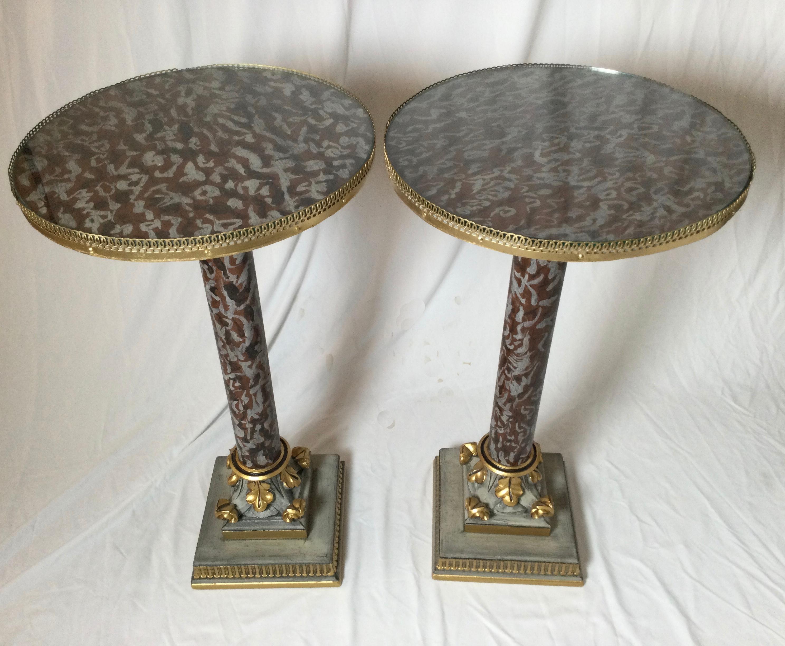 European Pair of Wood Faux Marble Painted Round Side Tables