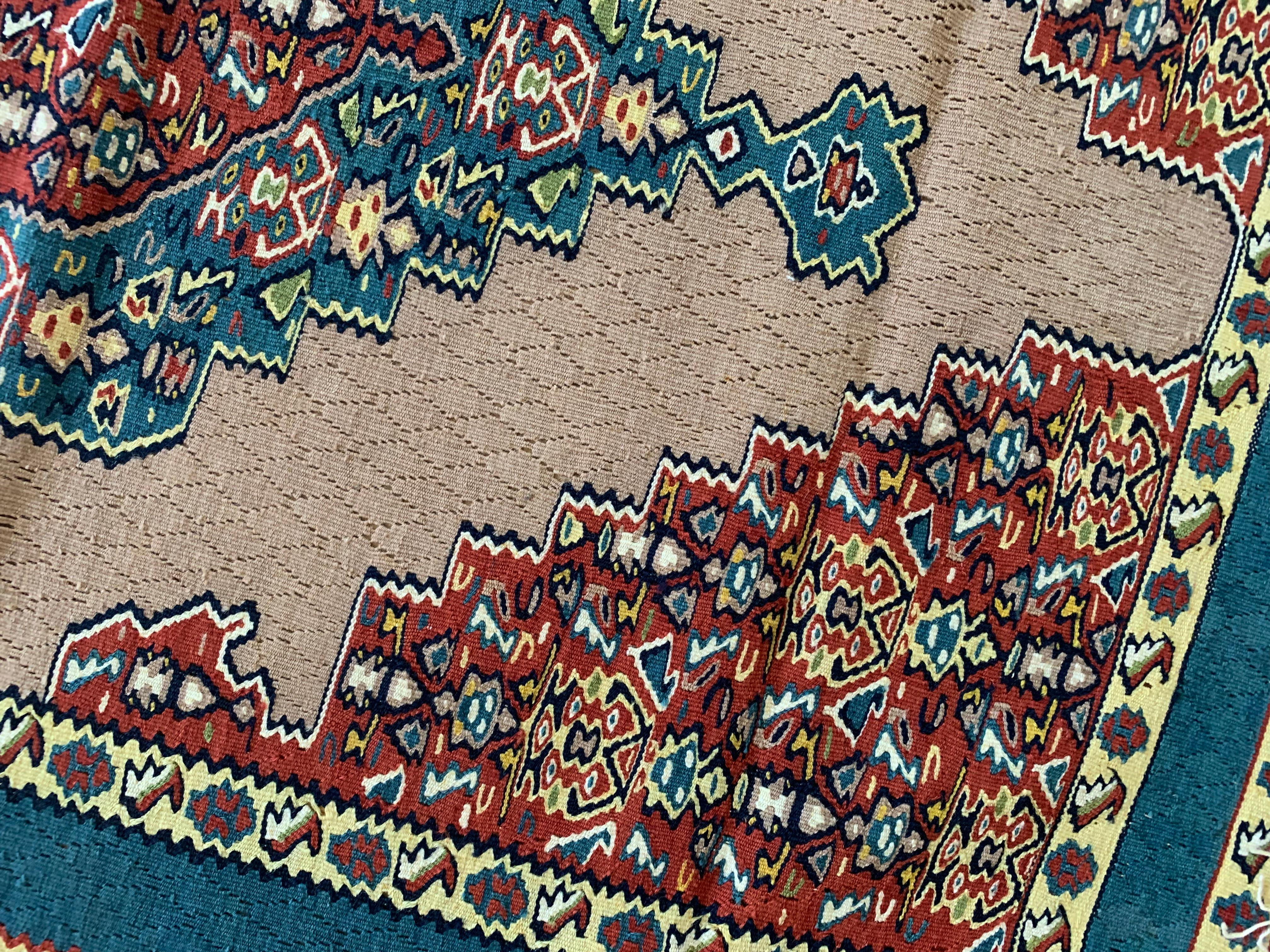 Pair of Wool Silk Kurdish Kilims Handmade Flatwoven Coffee Area Rug For Sale 3