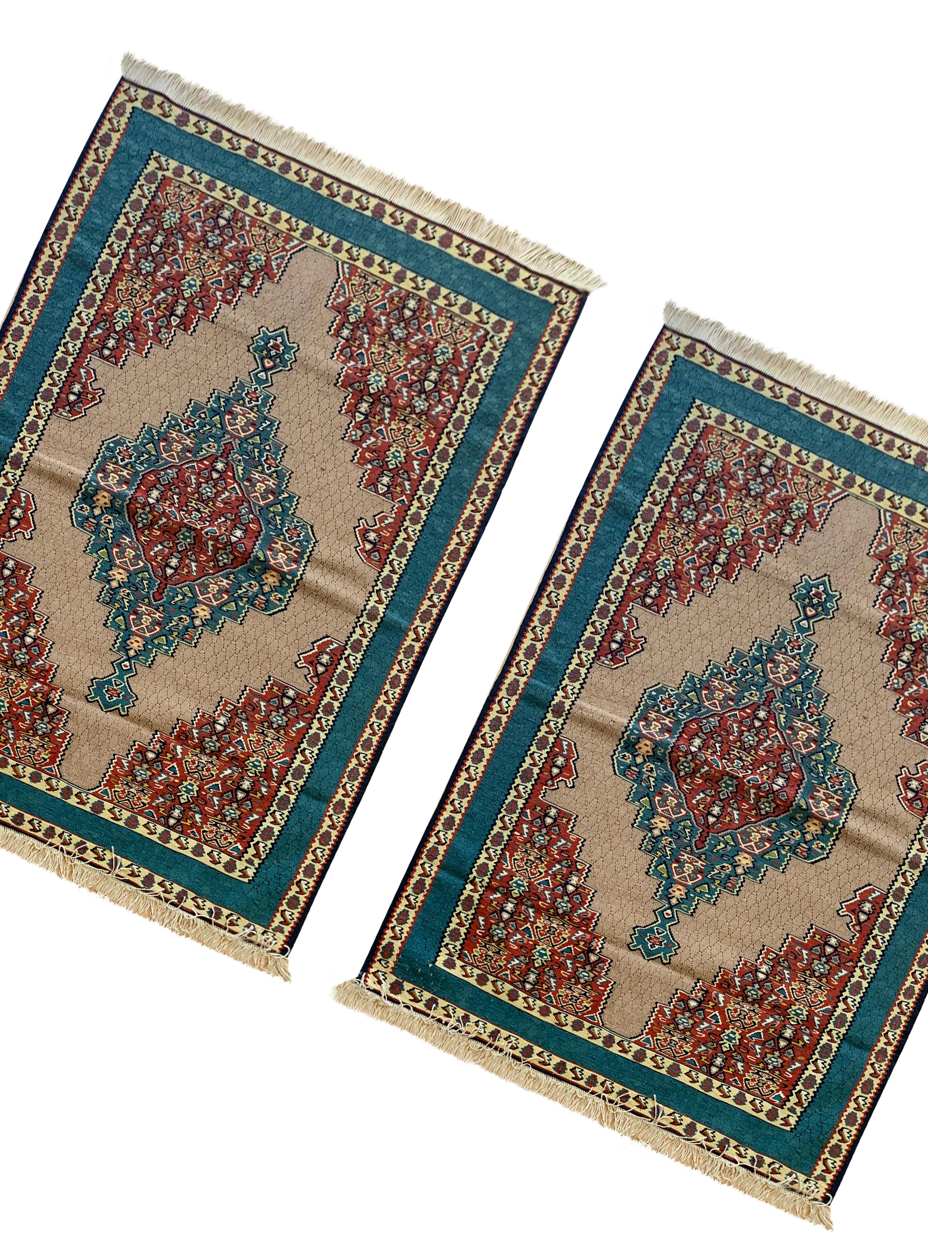 Pair of Wool Silk Kurdish Kilims Handmade Flatwoven Coffee Area Rug For Sale 6